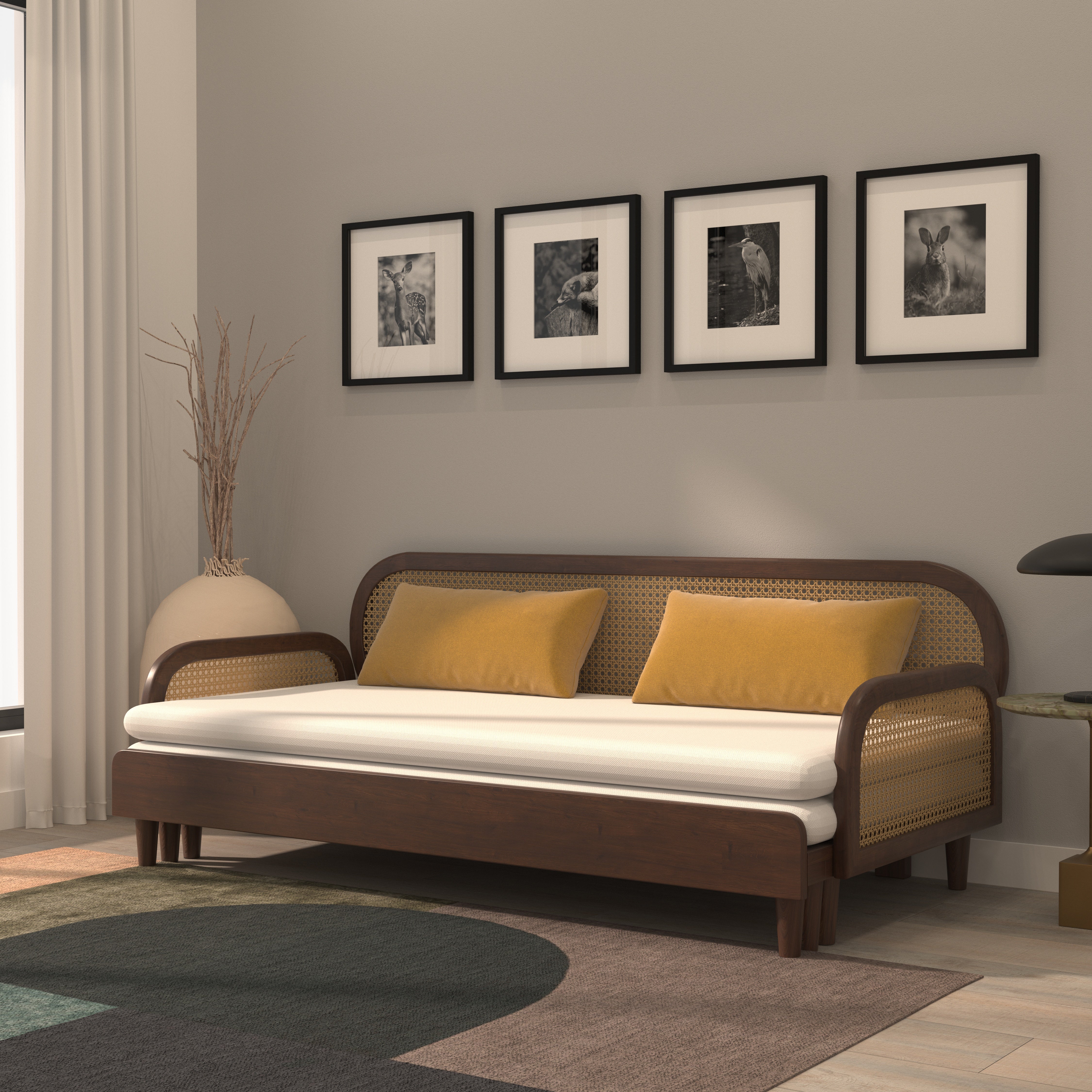 Artisan Luxe Extendable Day Bed with Curved Cane-Style Backrest Sofa cum bed