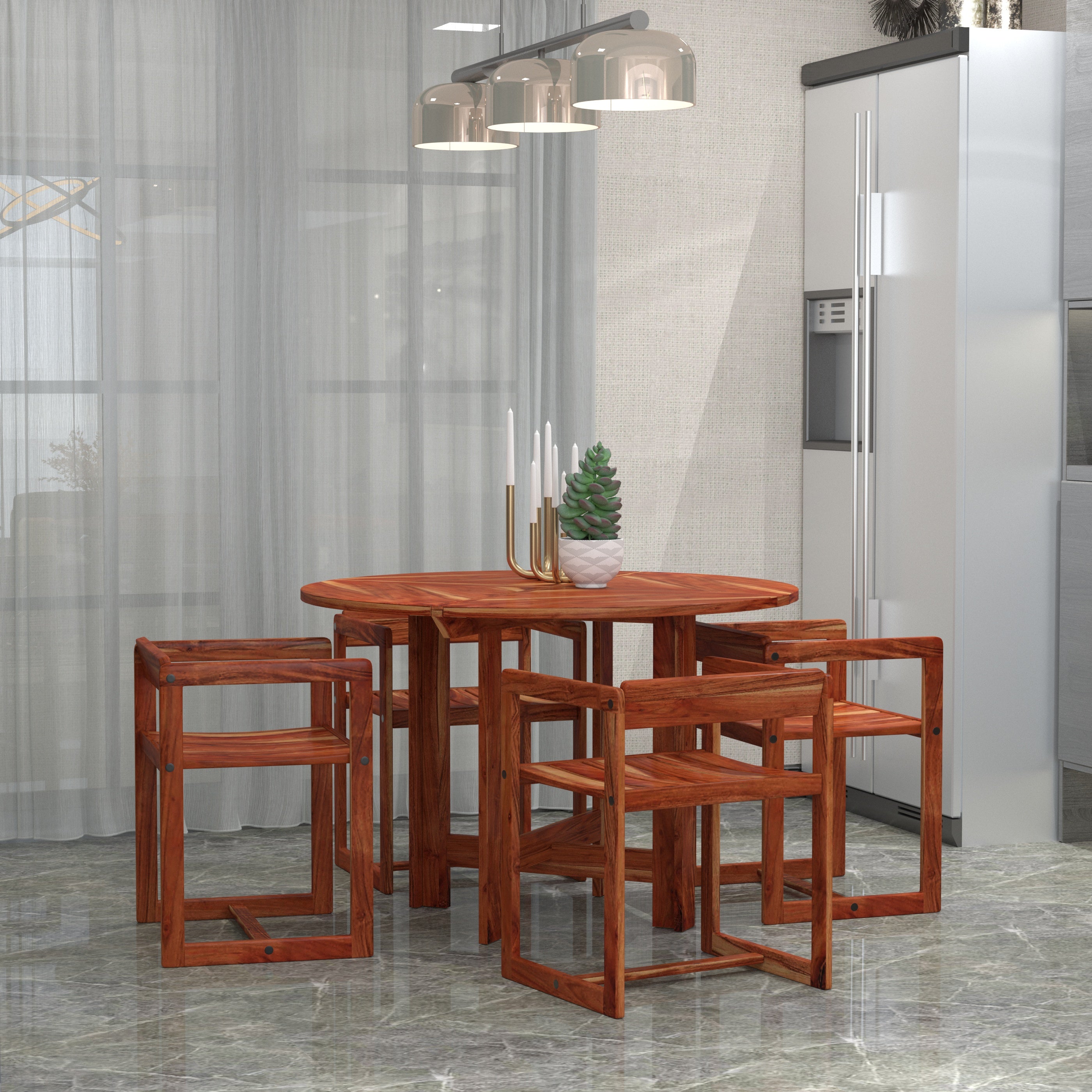 Modern Round Wooden Dining Table Set for 4 – Space-Saving Design with Stylish Chairs Dining Set