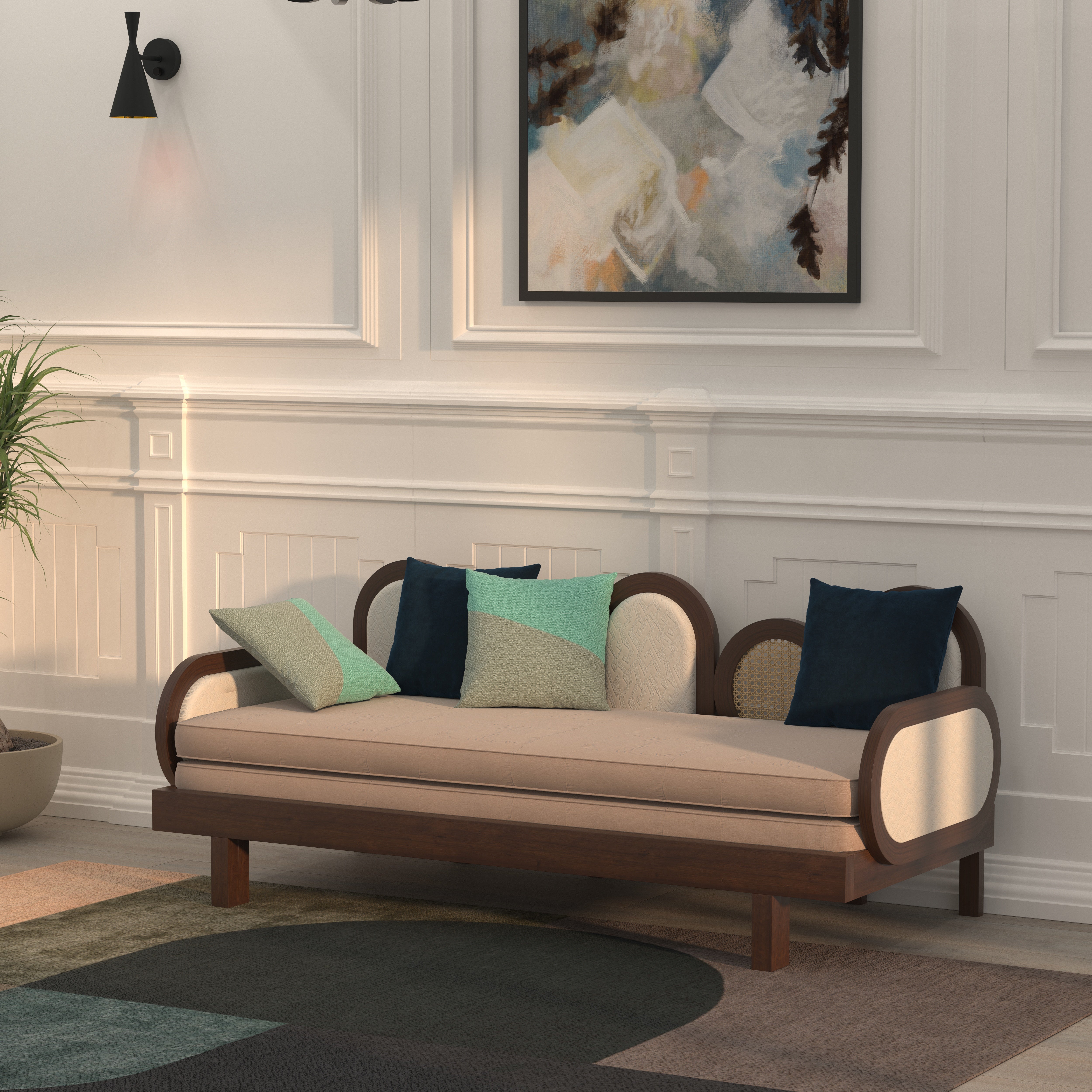 Daybed with Arched Cane and Upholstered Panels Sofa cum bed