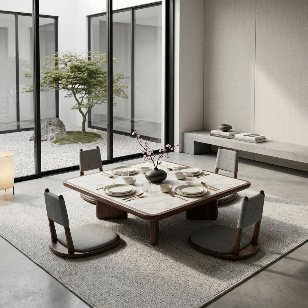 Japanese-Inspired Square Dining Table with Rounded Frame
