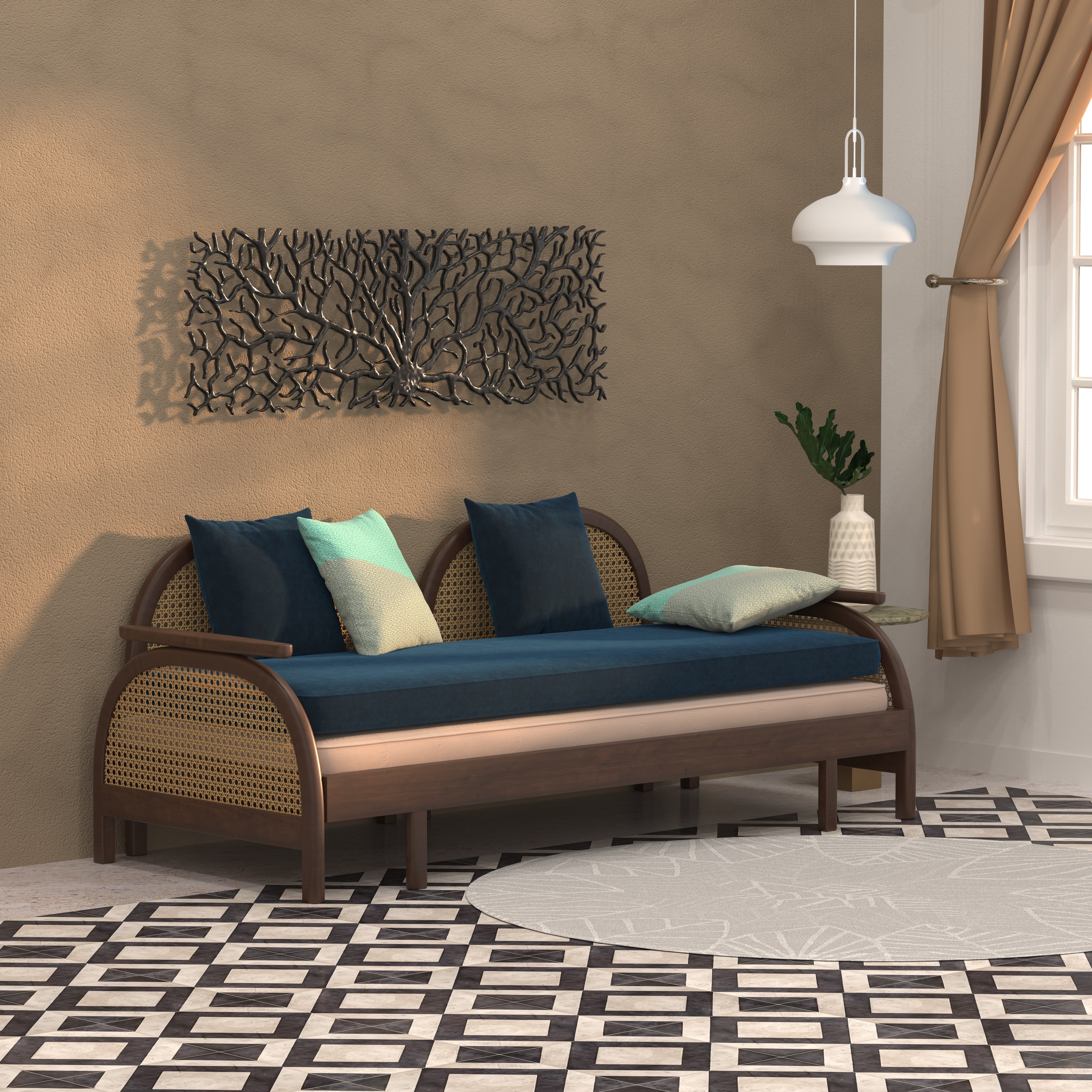 Luxury Cane-Inspired Day Bed with Curved Backrests and Extended Lounging Design Sofa cum bed