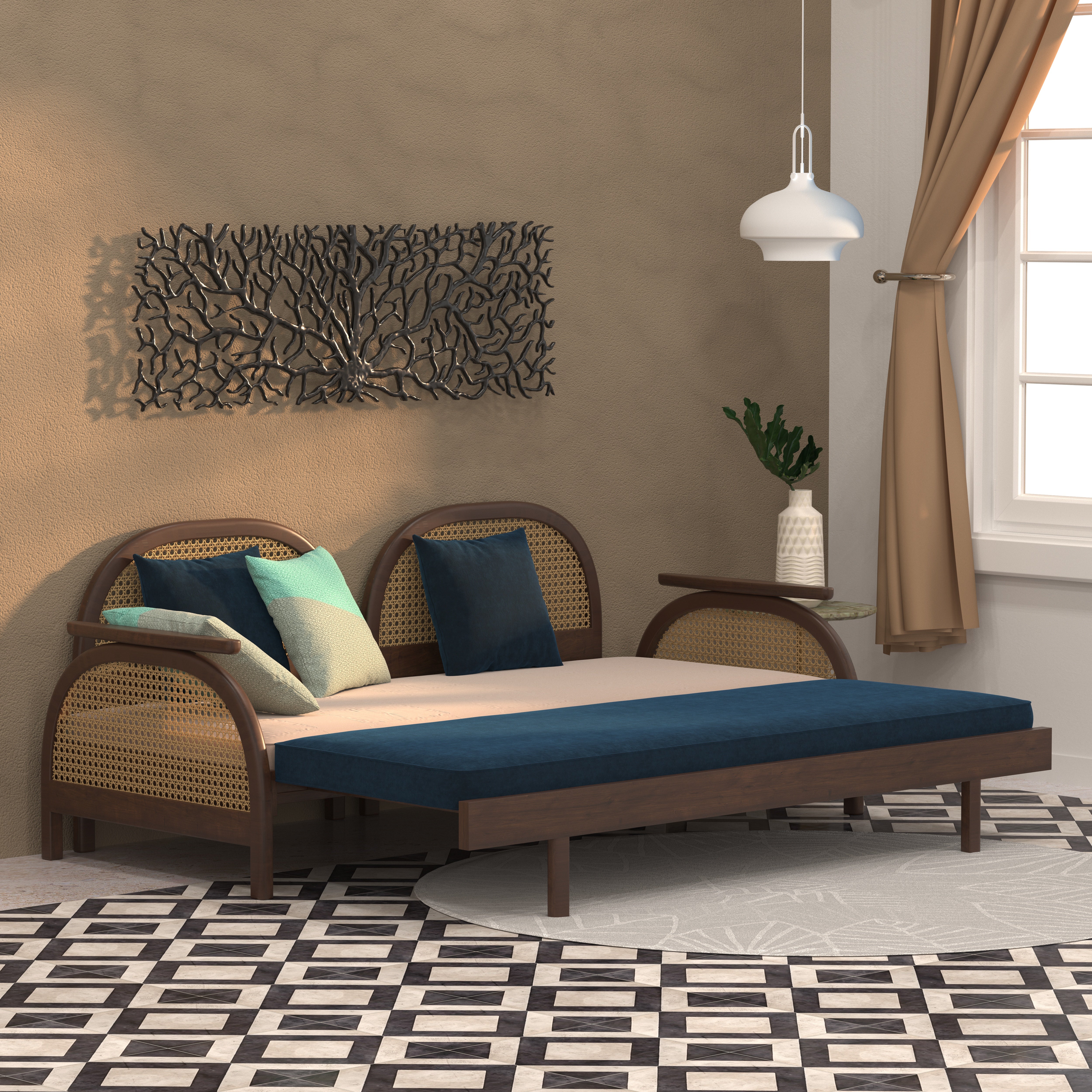 Luxury Cane-Inspired Day Bed with Curved Backrests and Extended Lounging Design Sofa cum bed