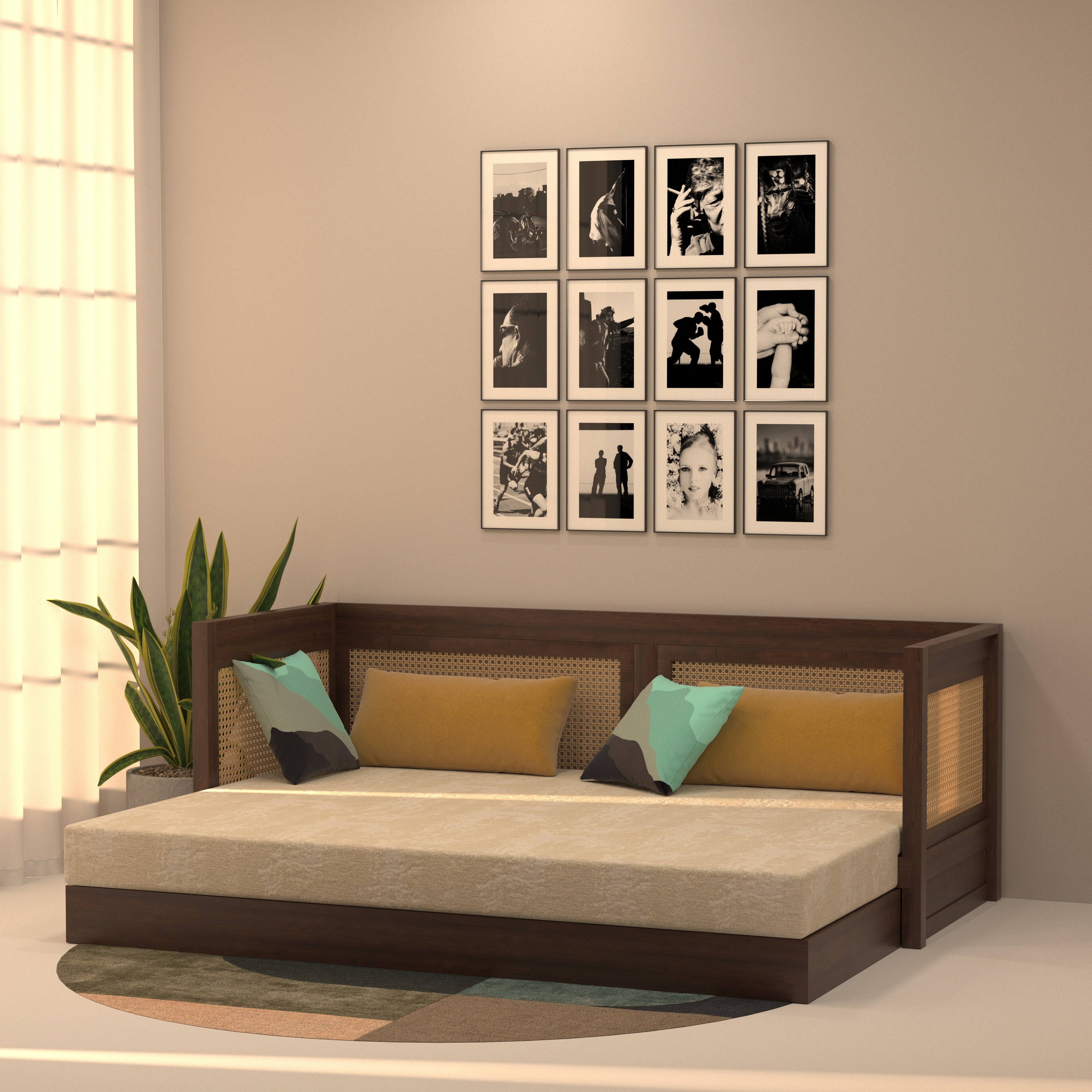 Daybed with Cane Panels and Pull-Out Trundle Bed Sofa cum bed