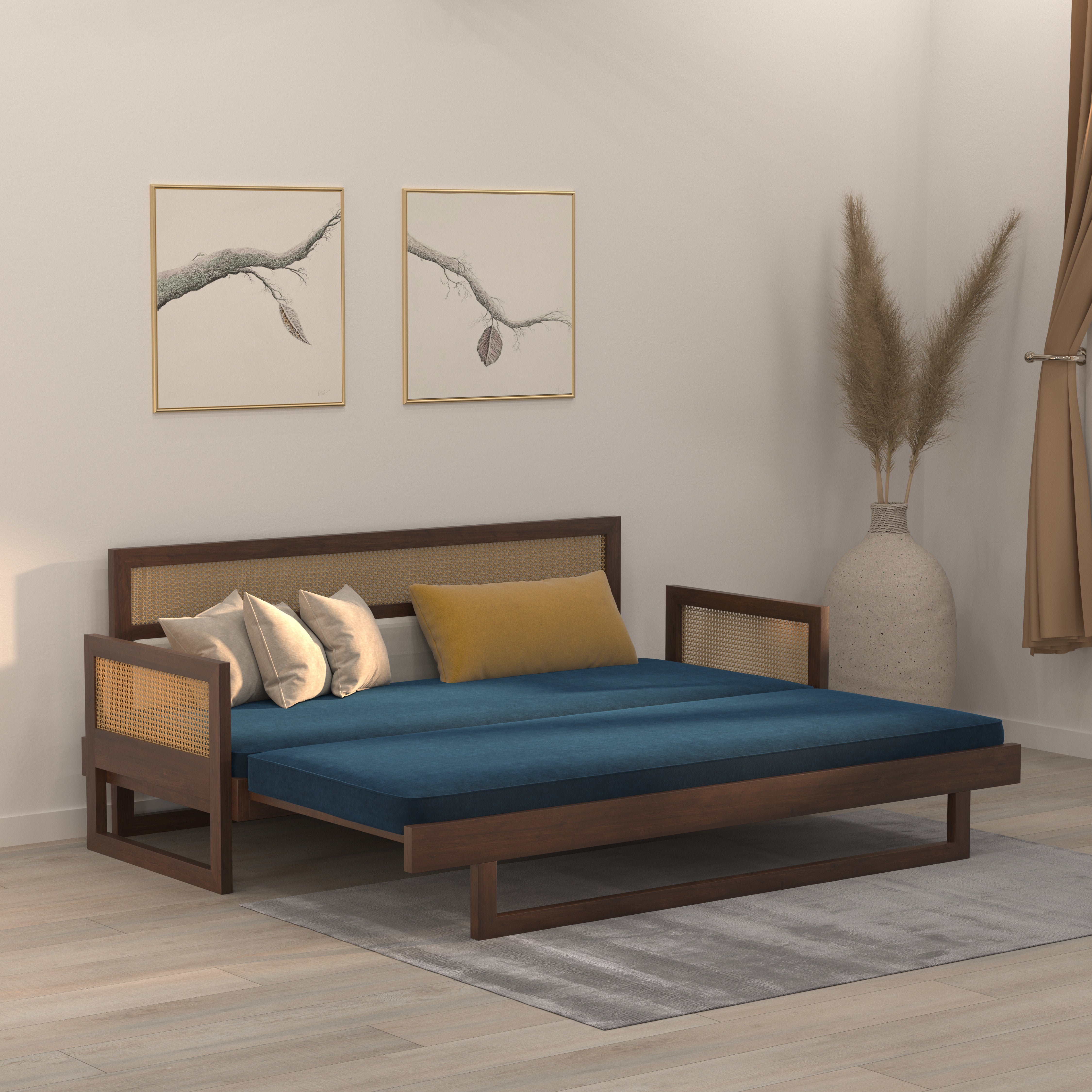 Modern Cane-Style Extendable Day Bed with Side Panels Sofa cum bed