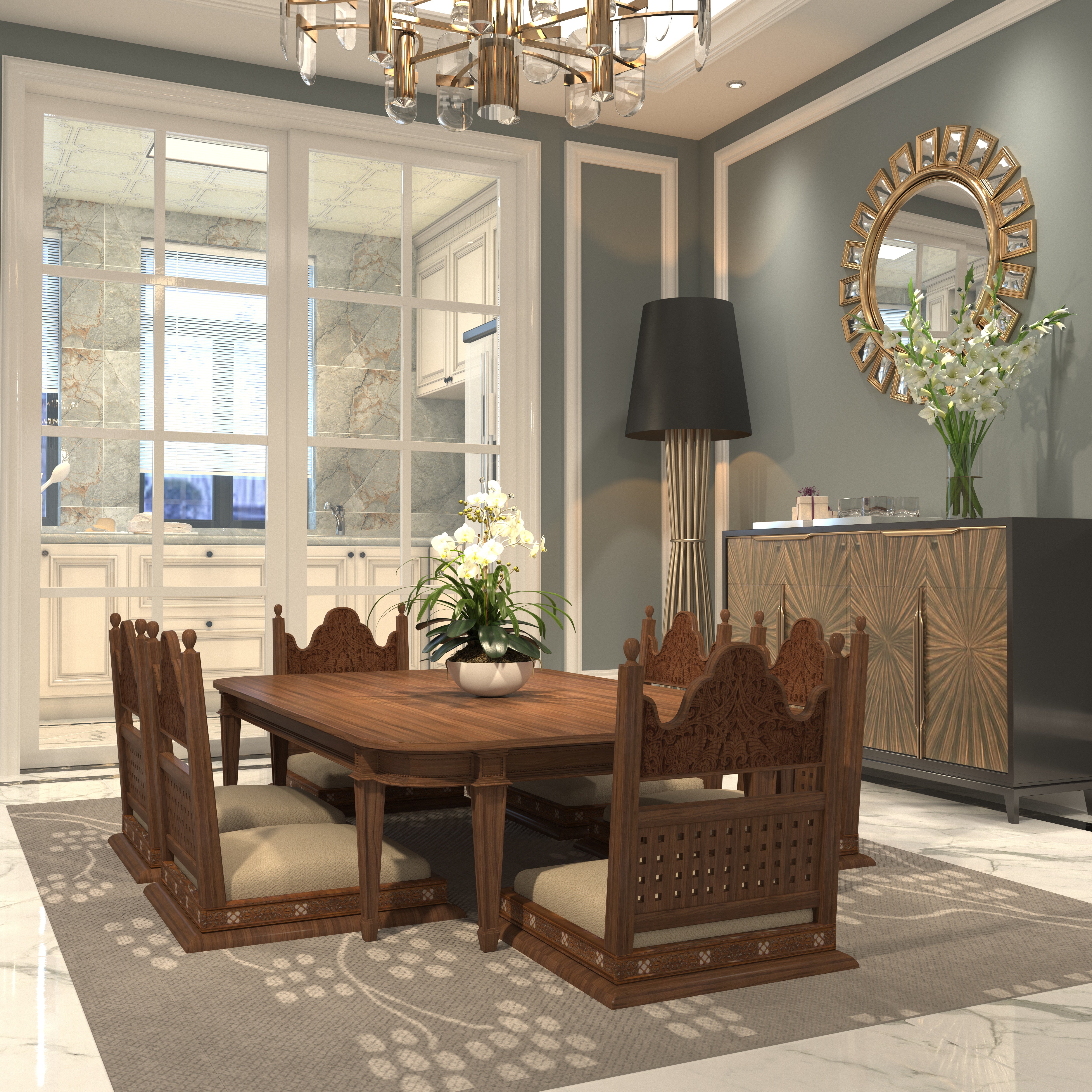 Handcrafted Wooden Dining Set - Ornate Carved Chairs with Cream Upholstery (6 Seater) Japanese Dining Set