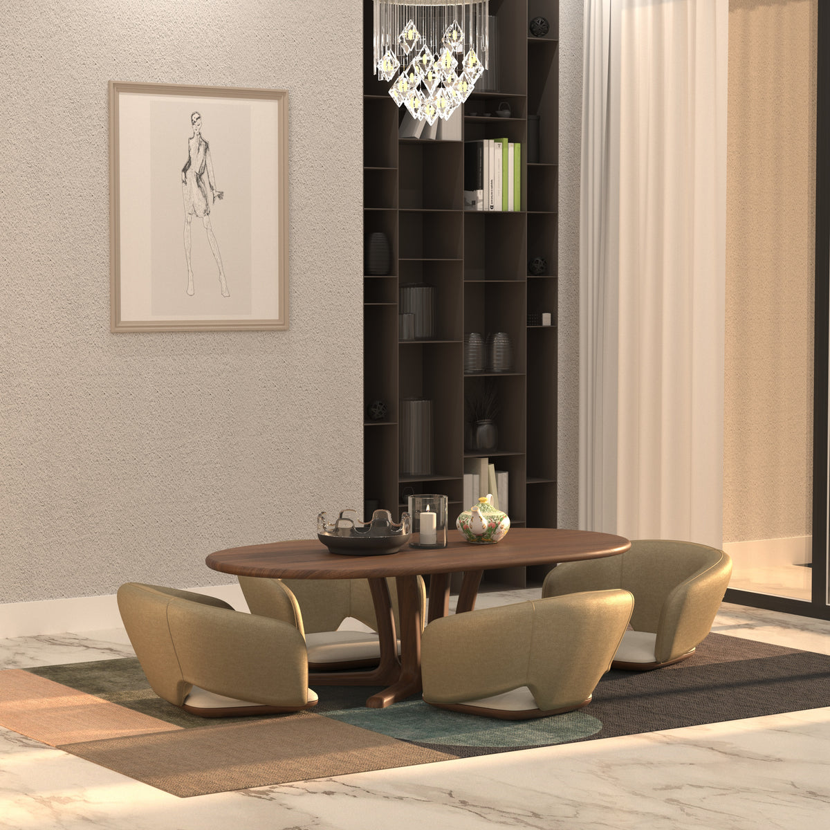 Capsule-Shaped Dining Table with Sculptural Pedestal Base