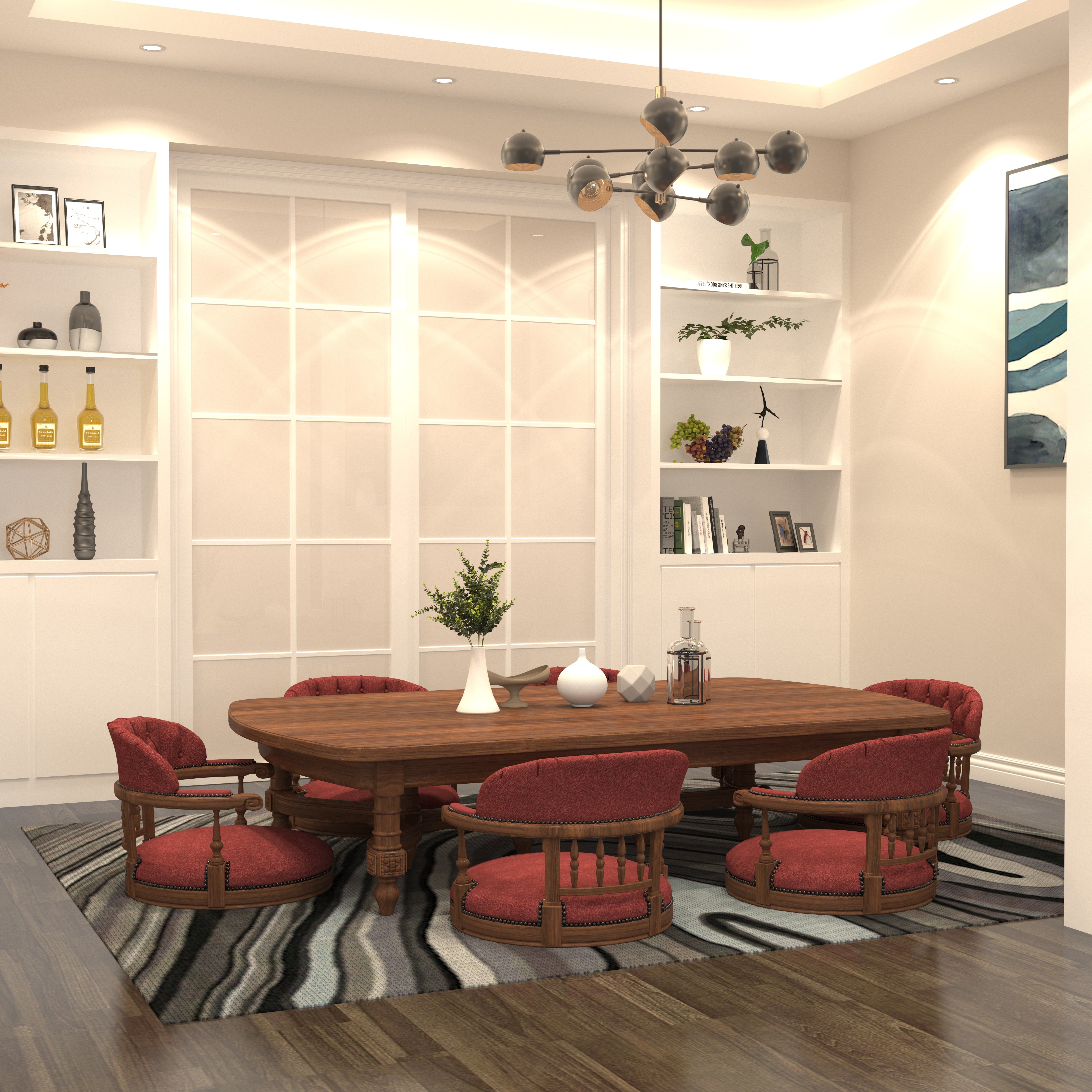 Handcrafted Oval Dining Set - Traditional Wooden Chairs with Red Upholstery (6 Seater) Japanese Dining Set