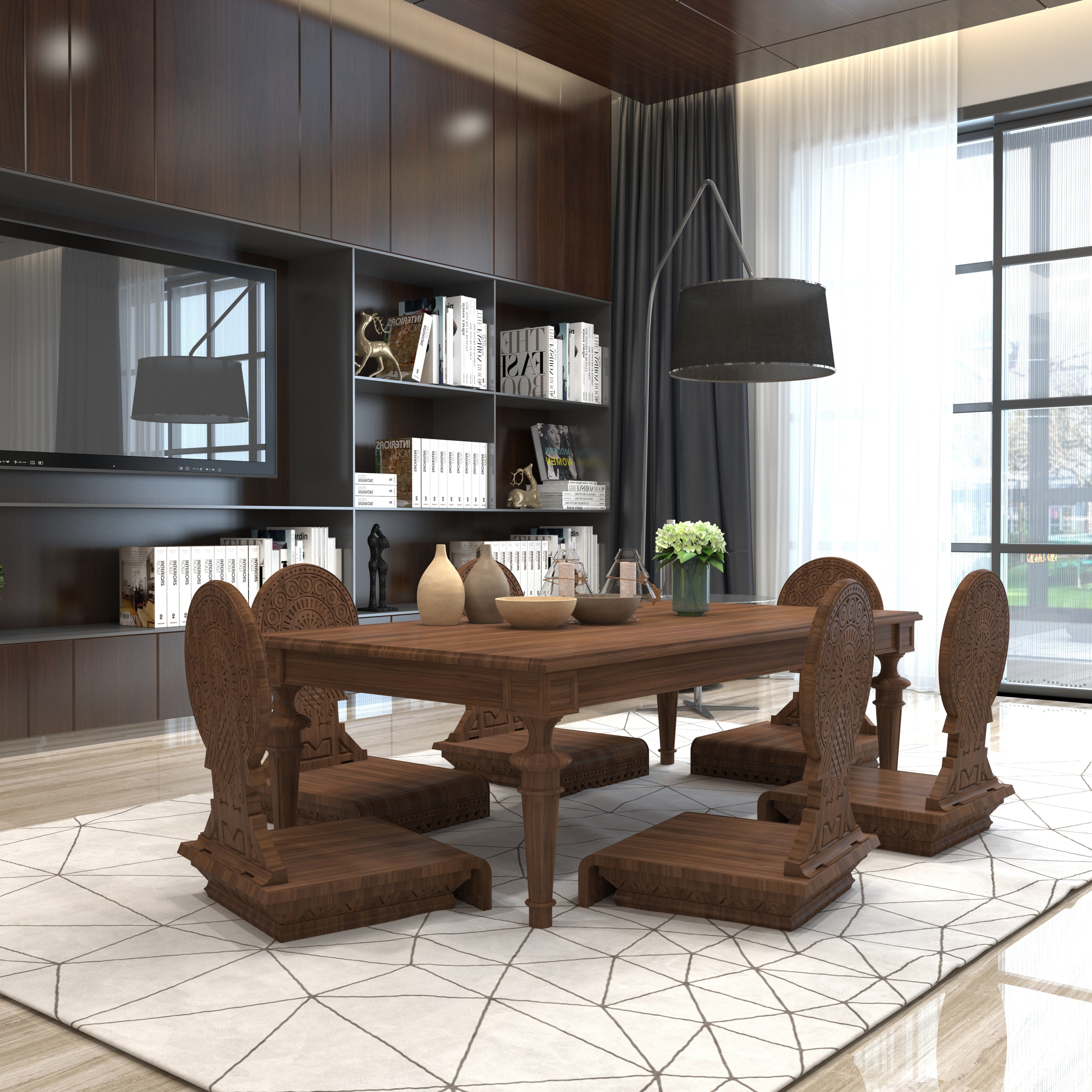 Handcrafted Wooden Dining Set - Mandala Carved Table with 6 Chairs Japanese Dining Set