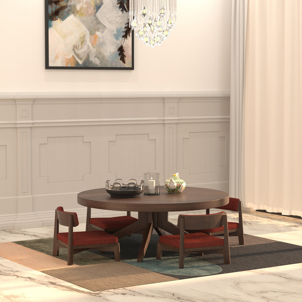 Round Pedestal Dining Table with Framed Armchairs Japanese Dining Set
