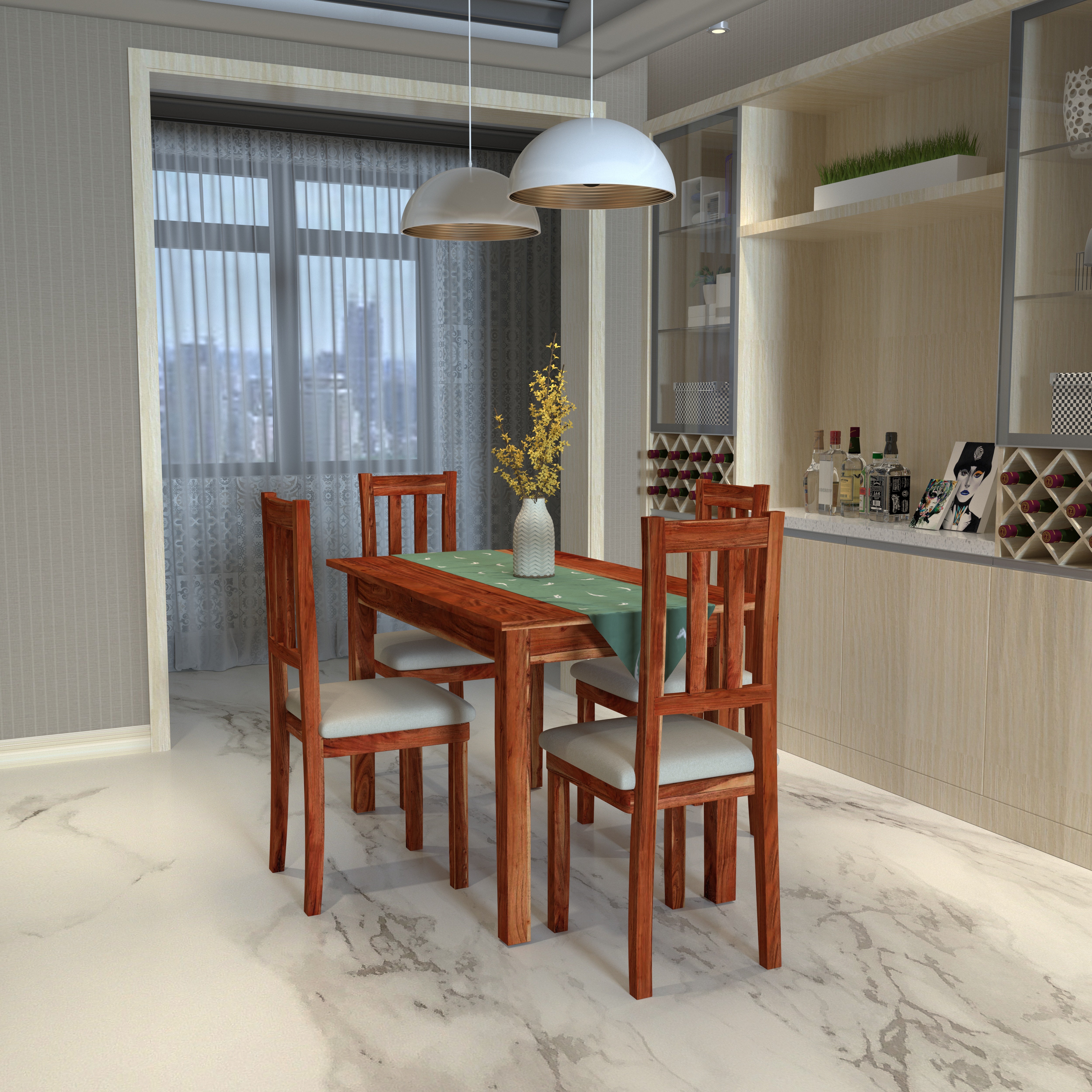 4-Seater Solid Wood Dining Table Set – Elegant Comfort with Vertical Backrest Chairs Dining Set