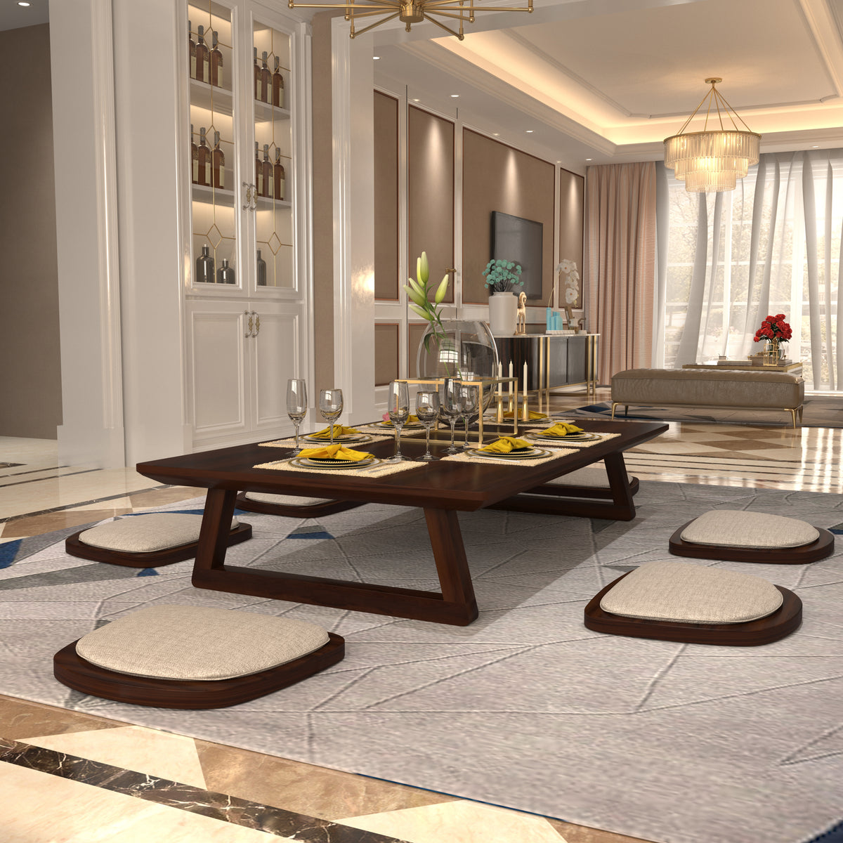 Elegant Low-Height Wooden Dining Table Set with Cushions