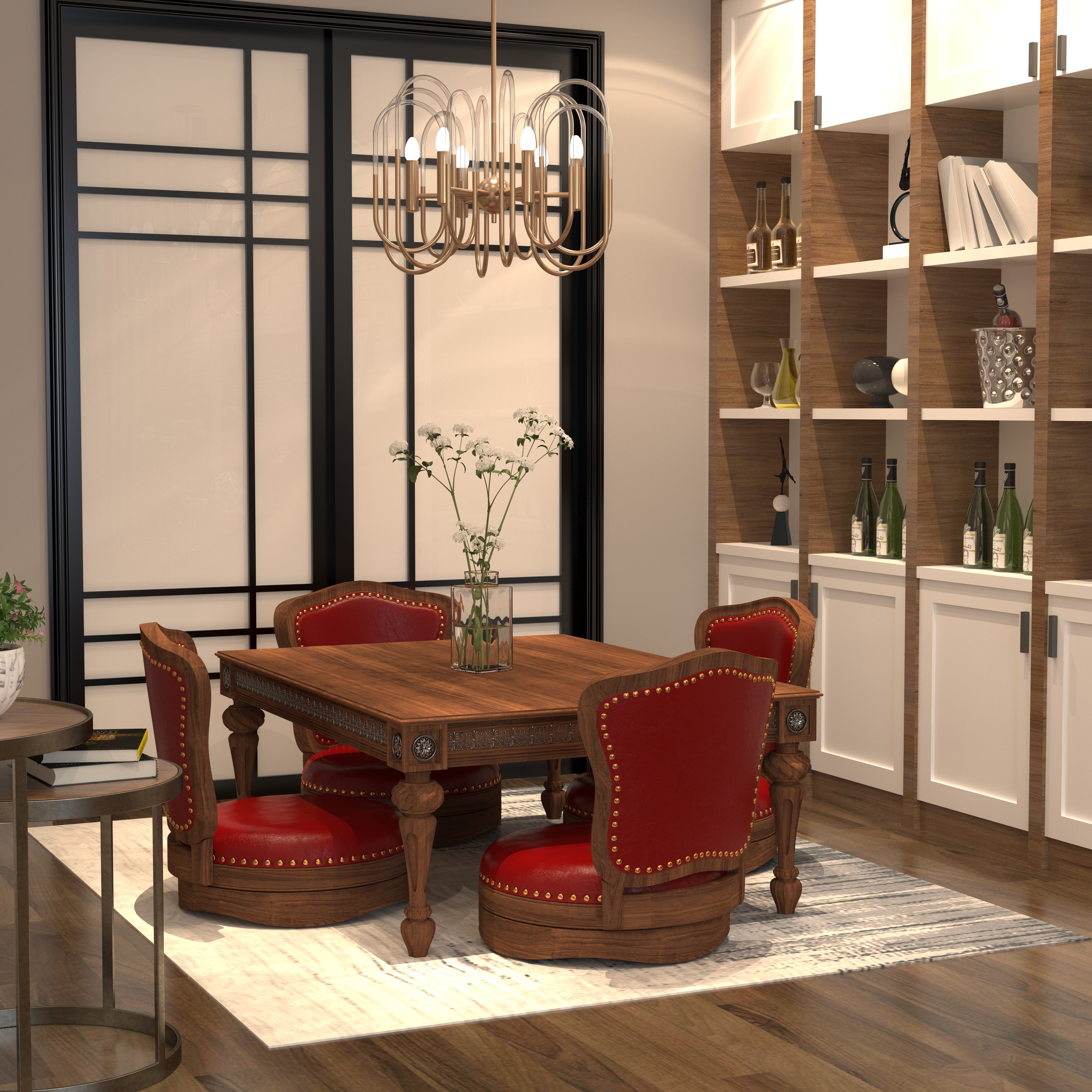 Handcrafted Wooden Dining Set - Carved Table with Red Rexine Upholstered Chairs (4 Seater) Dining Set