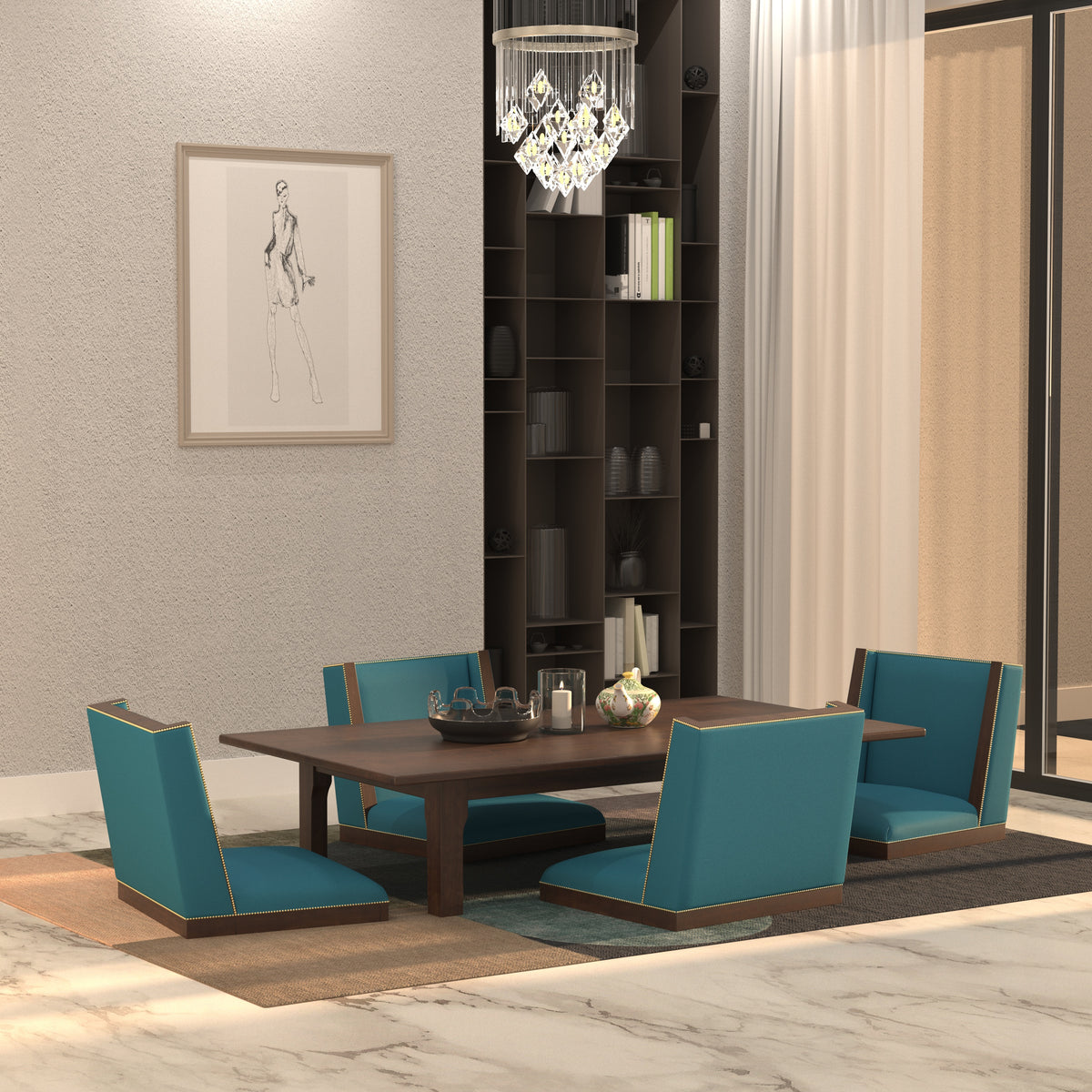 Low-Profile Rectangular Dining Table with Framed Lounge Chairs Japanese Dining Set