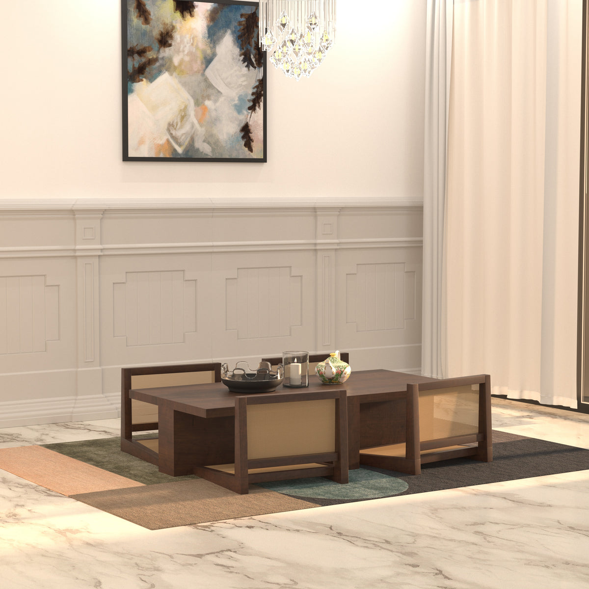 Rectangular Dining Table Set with Cane Panel Seating