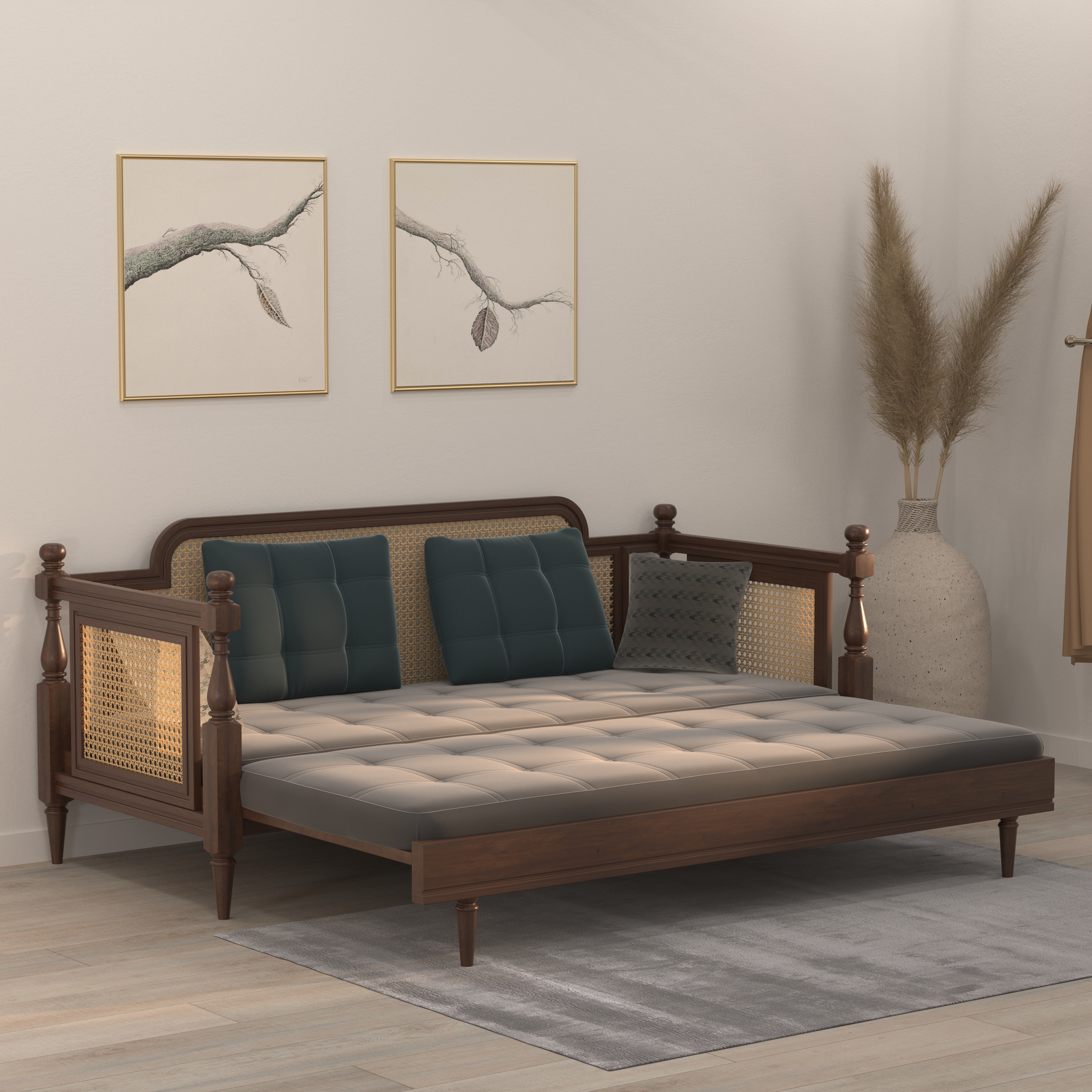 Daybed with Cane Panels and Turned Posts Sofa cum bed