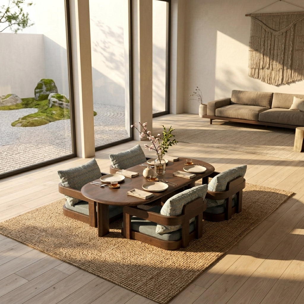 Elongated Rectangular Dining Table with Curved Corners Japanese Dining Set