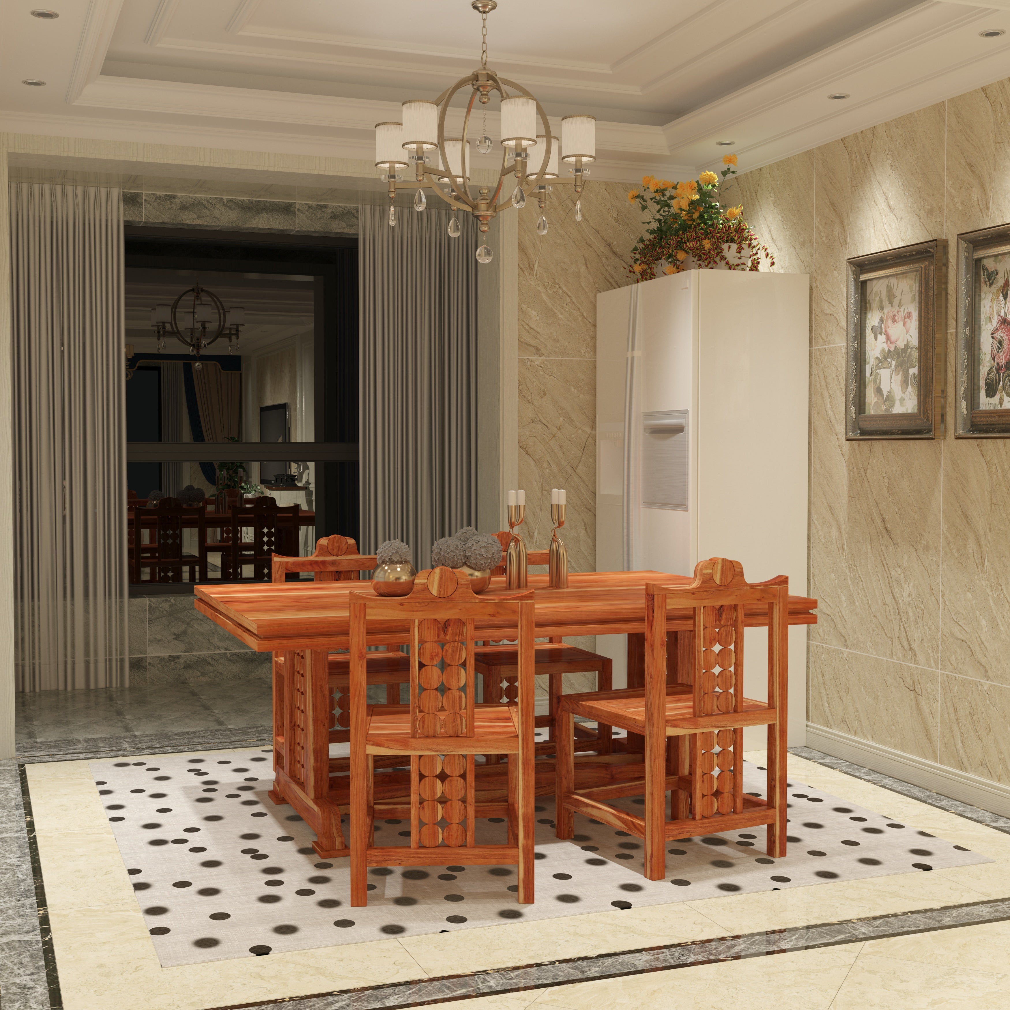 Traditional 4-Seater Wooden Dining Table Set with Decorative Backrest Design Dining Set