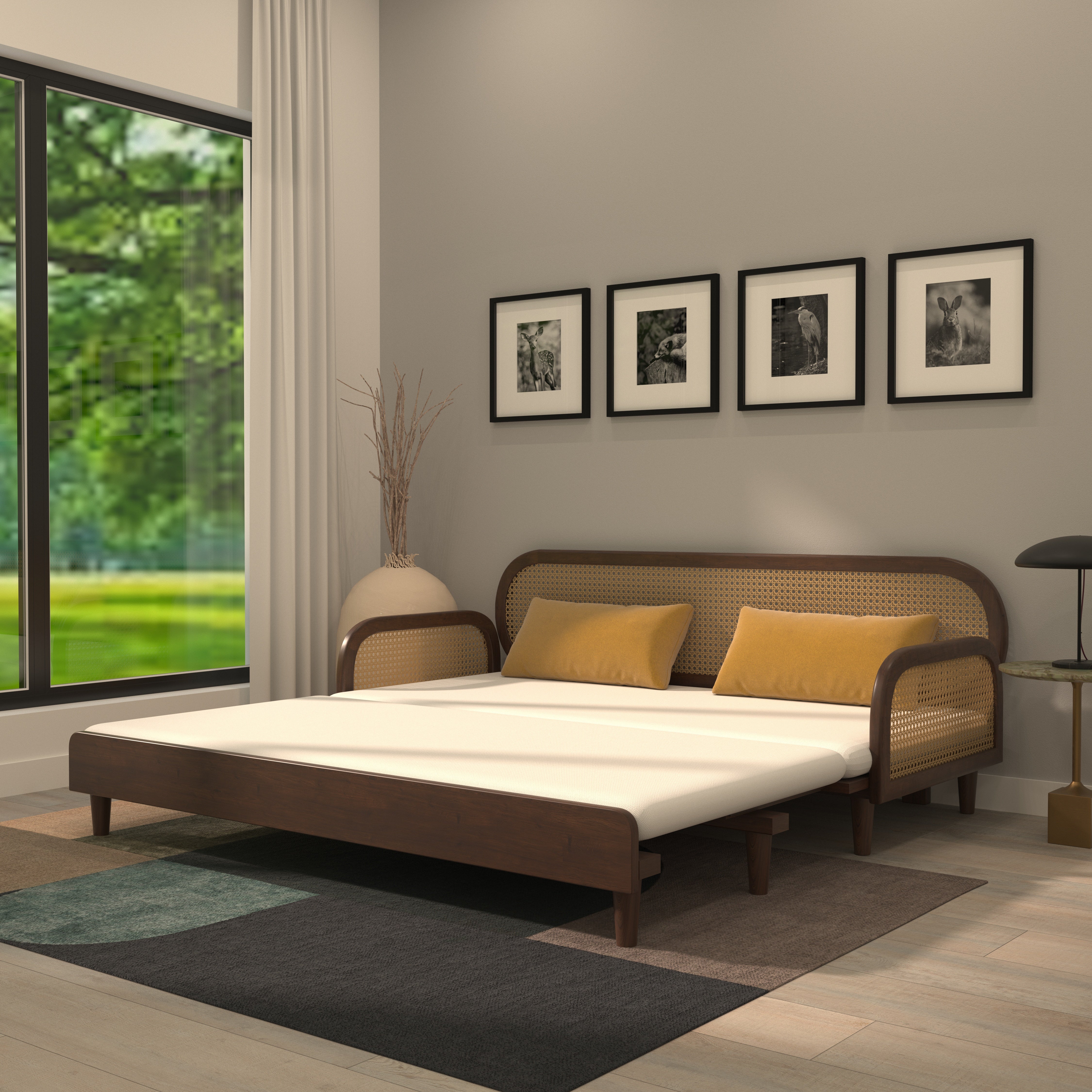 Artisan Luxe Extendable Day Bed with Curved Cane-Style Backrest Sofa cum bed