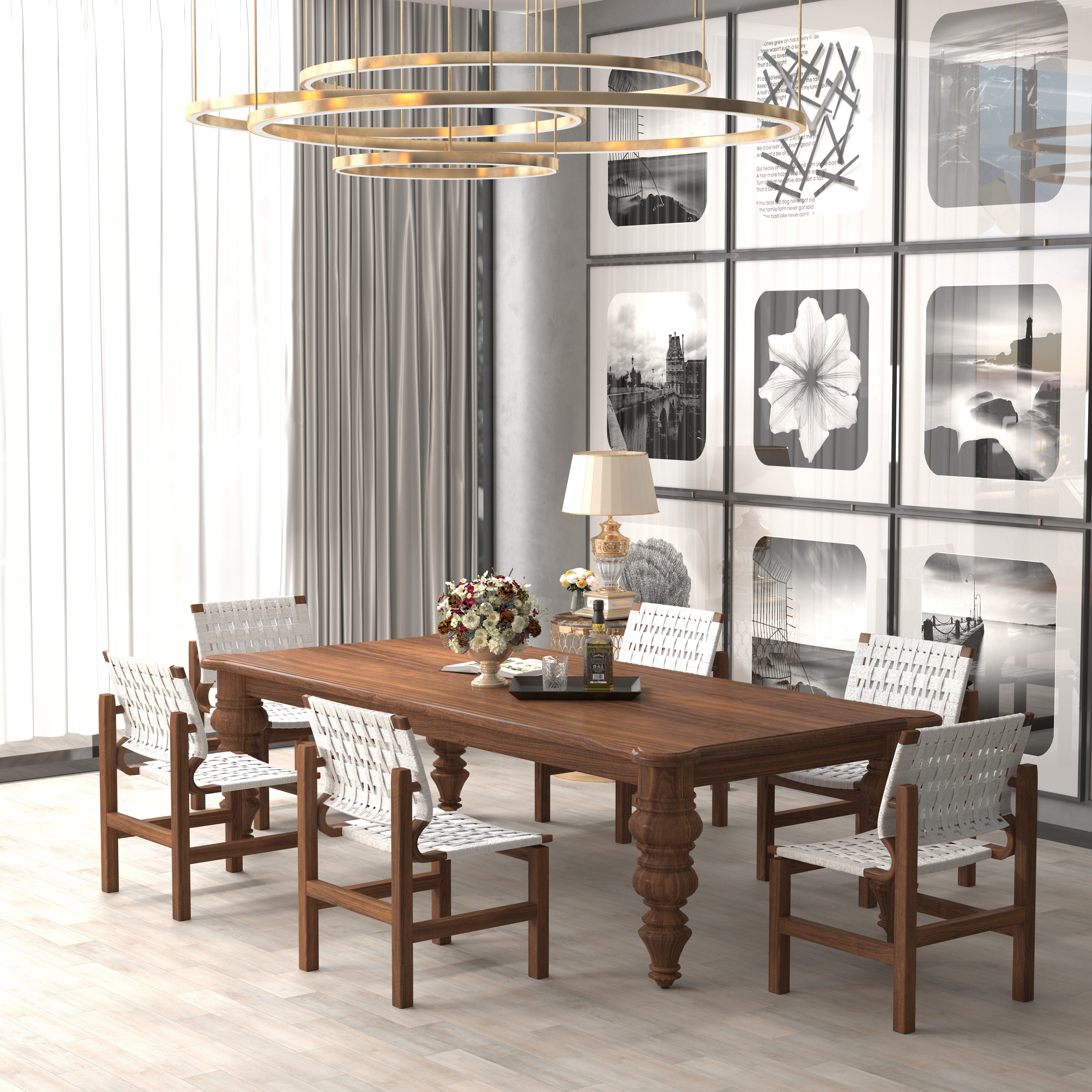 Premium Wooden Dining Set - 6 Seater Solid Wood Table with Woven Chairs Dining Set