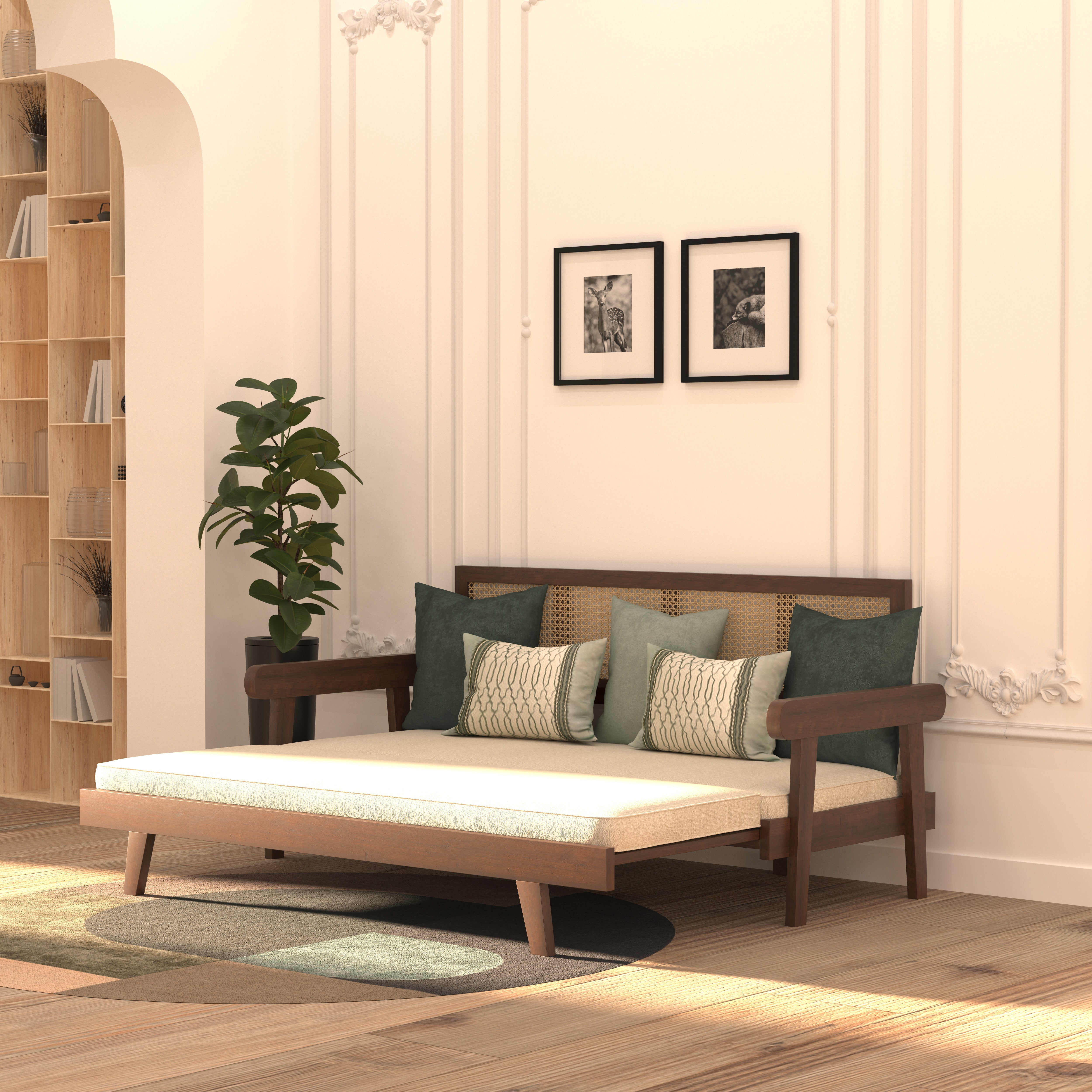 Signature Luxury Heritage Day Bed with Hand-Framed Backrest and Extendable Lounge Sofa cum bed