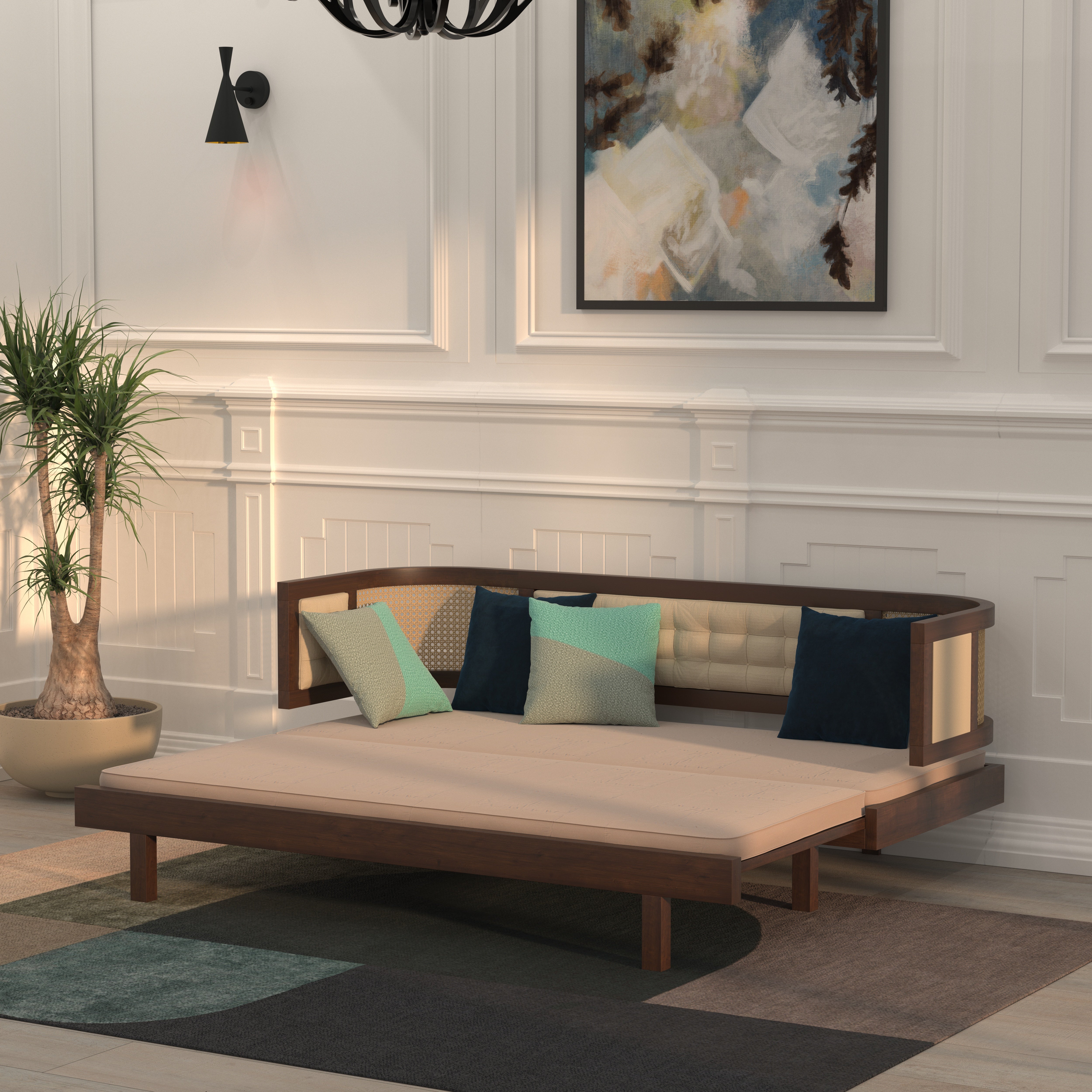 Daybed Sofa with Cane Panels and Tufted Upholstery Sofa cum bed