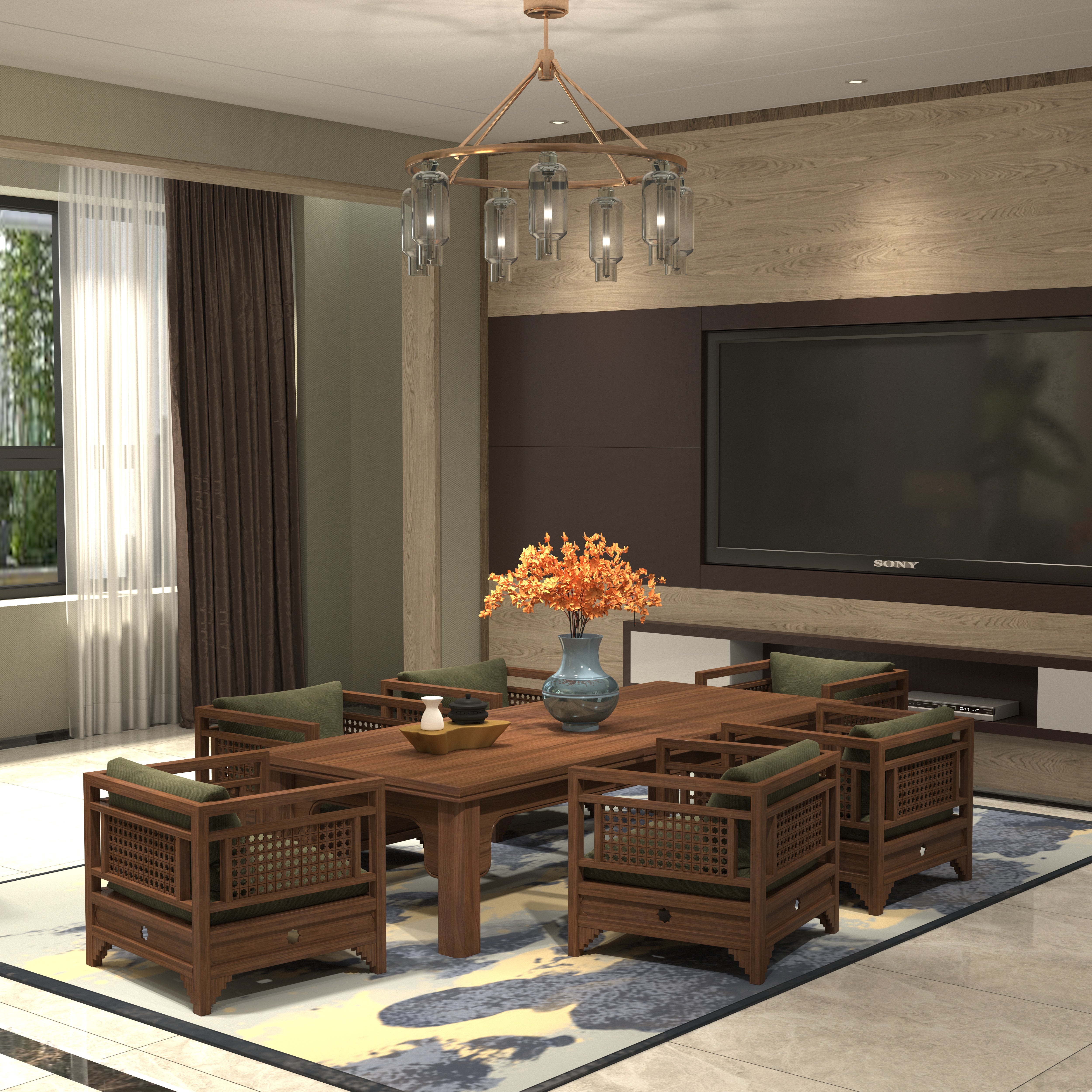 Traditional Wooden Dining Table with Cane Work Chairs Set