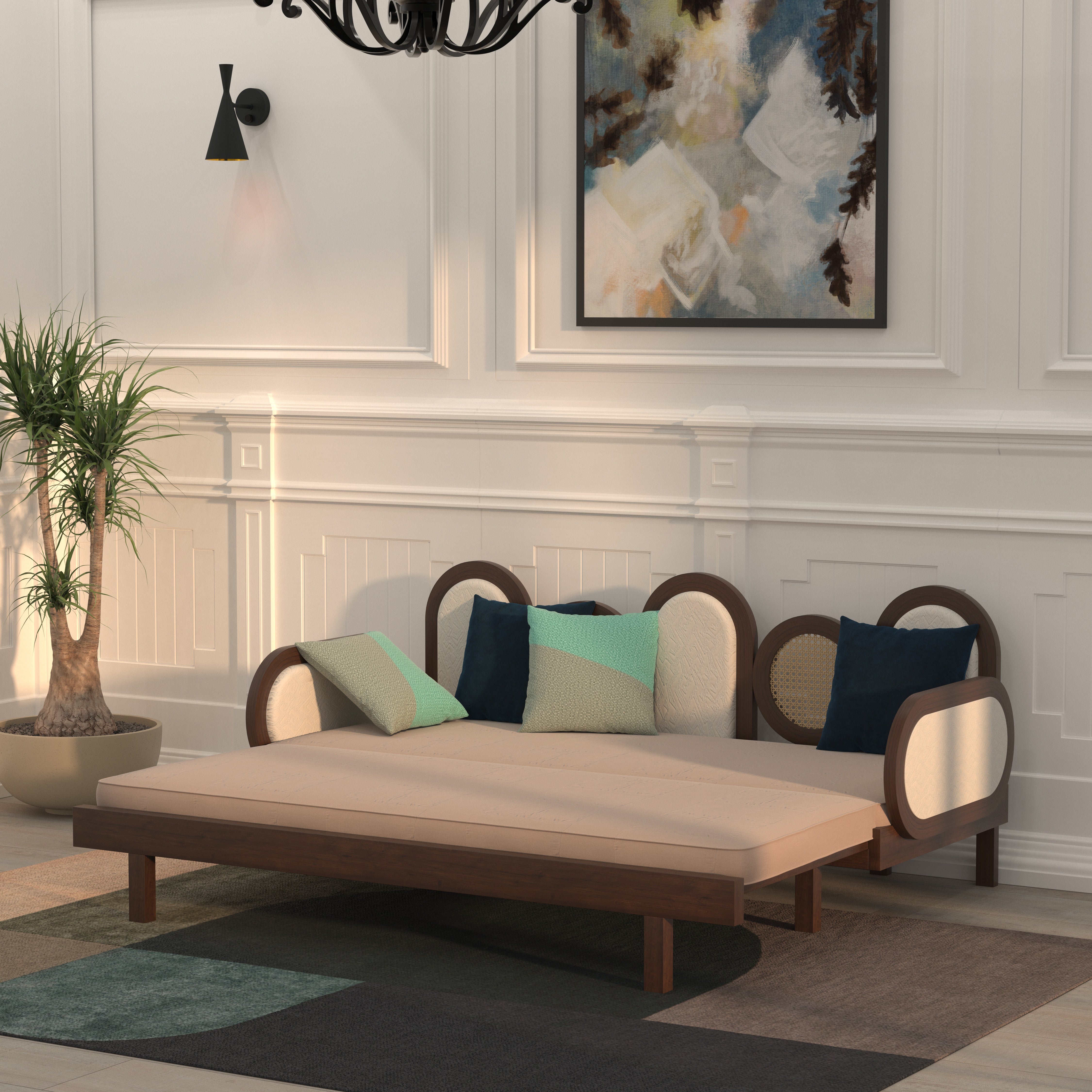 Daybed with Arched Cane and Upholstered Panels Sofa cum bed