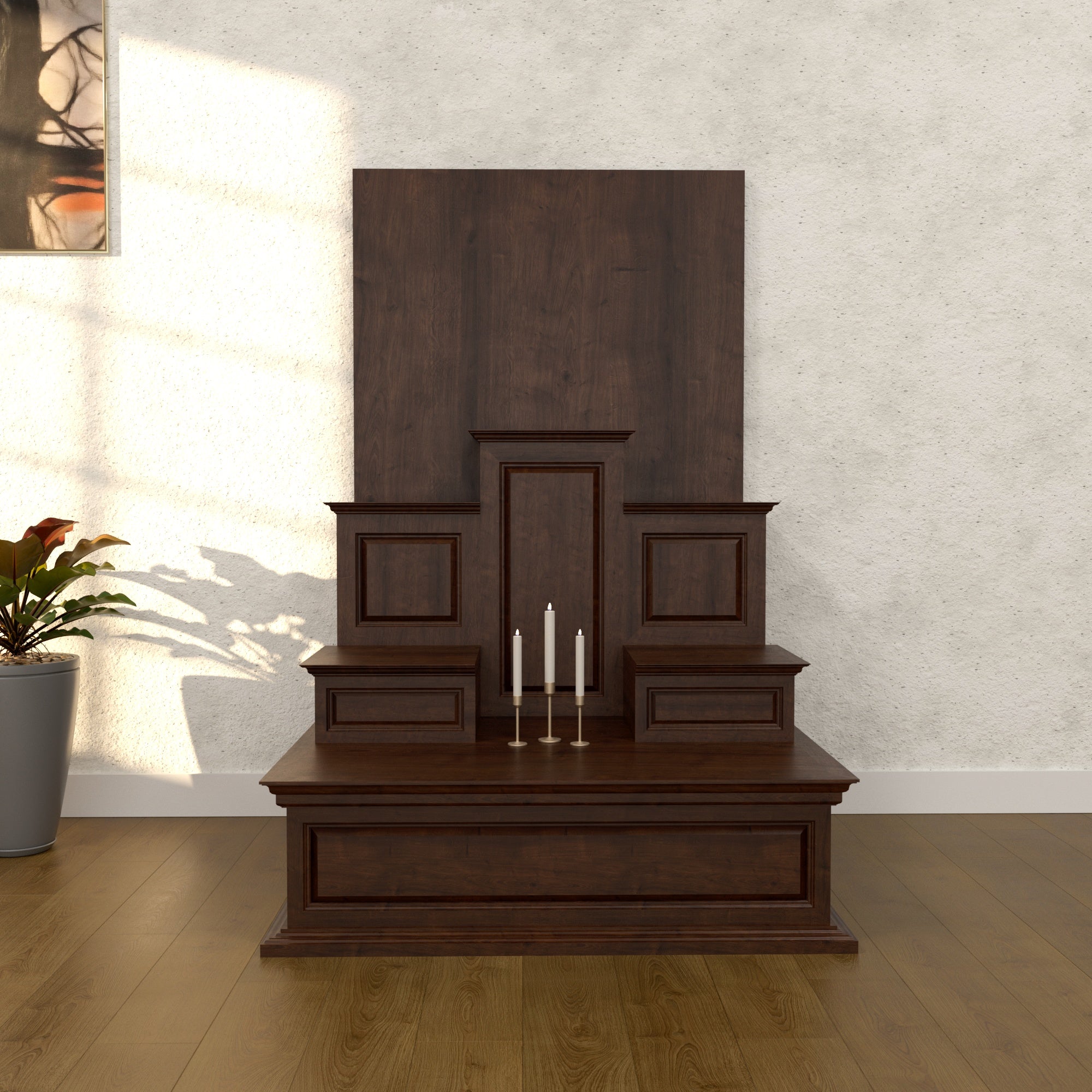 Wooden Freestanding Floor Altar with Tiered Platform & Tall Back Panel Altar