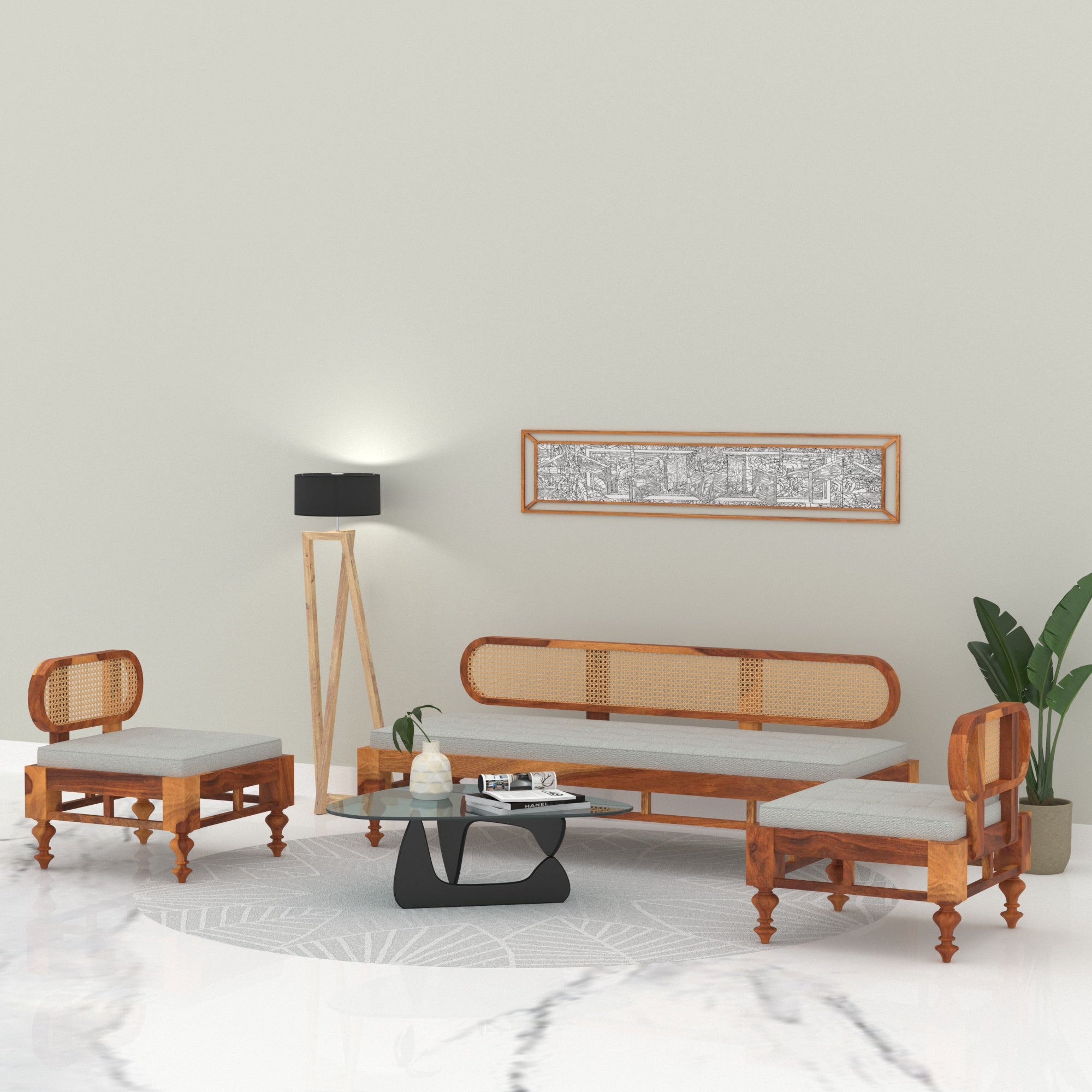 Simple Decent Cane Style Handmade Wooden Sofa Set