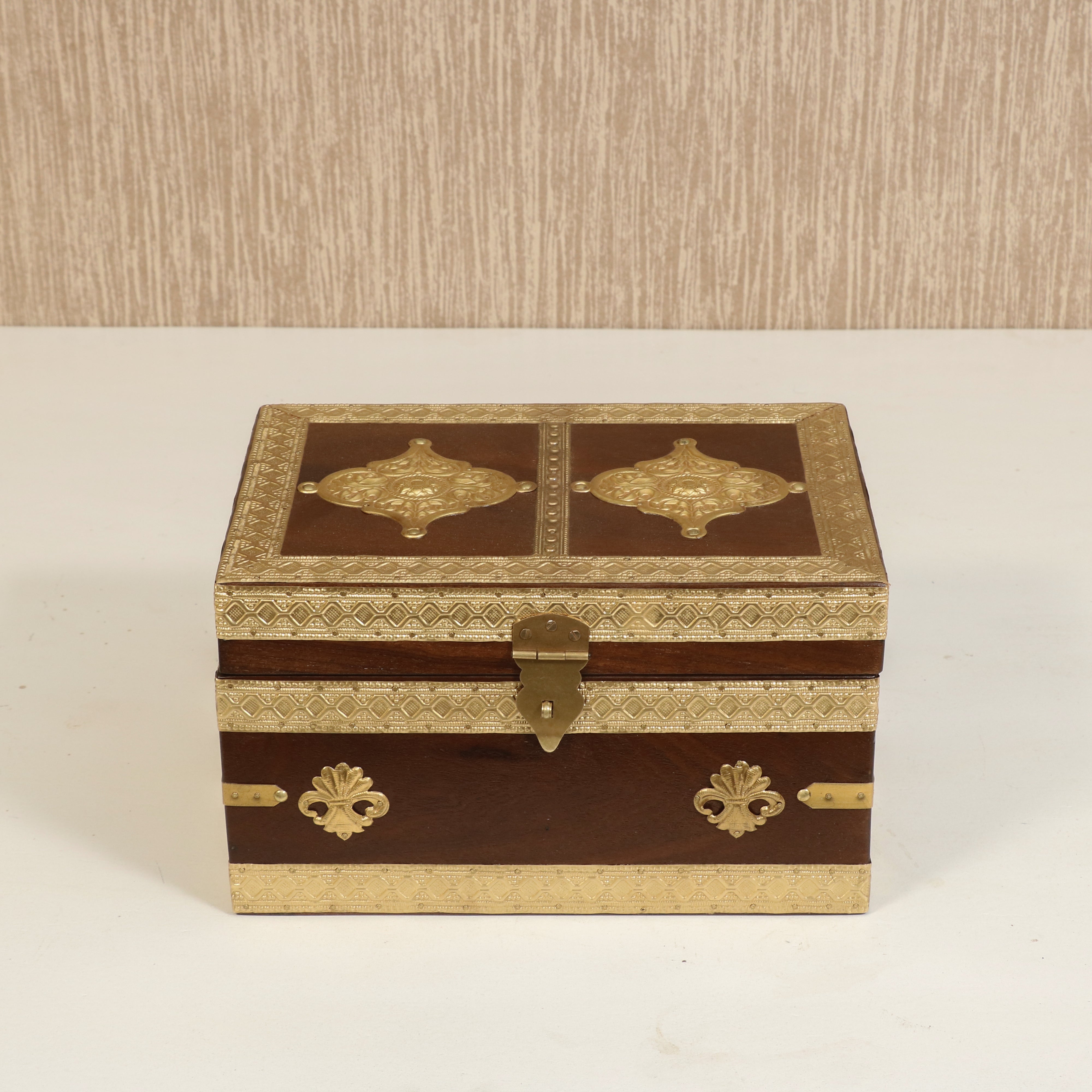 Antique Golden Brass Fitted Wooden Handmade Jewellery Box Wooden Box