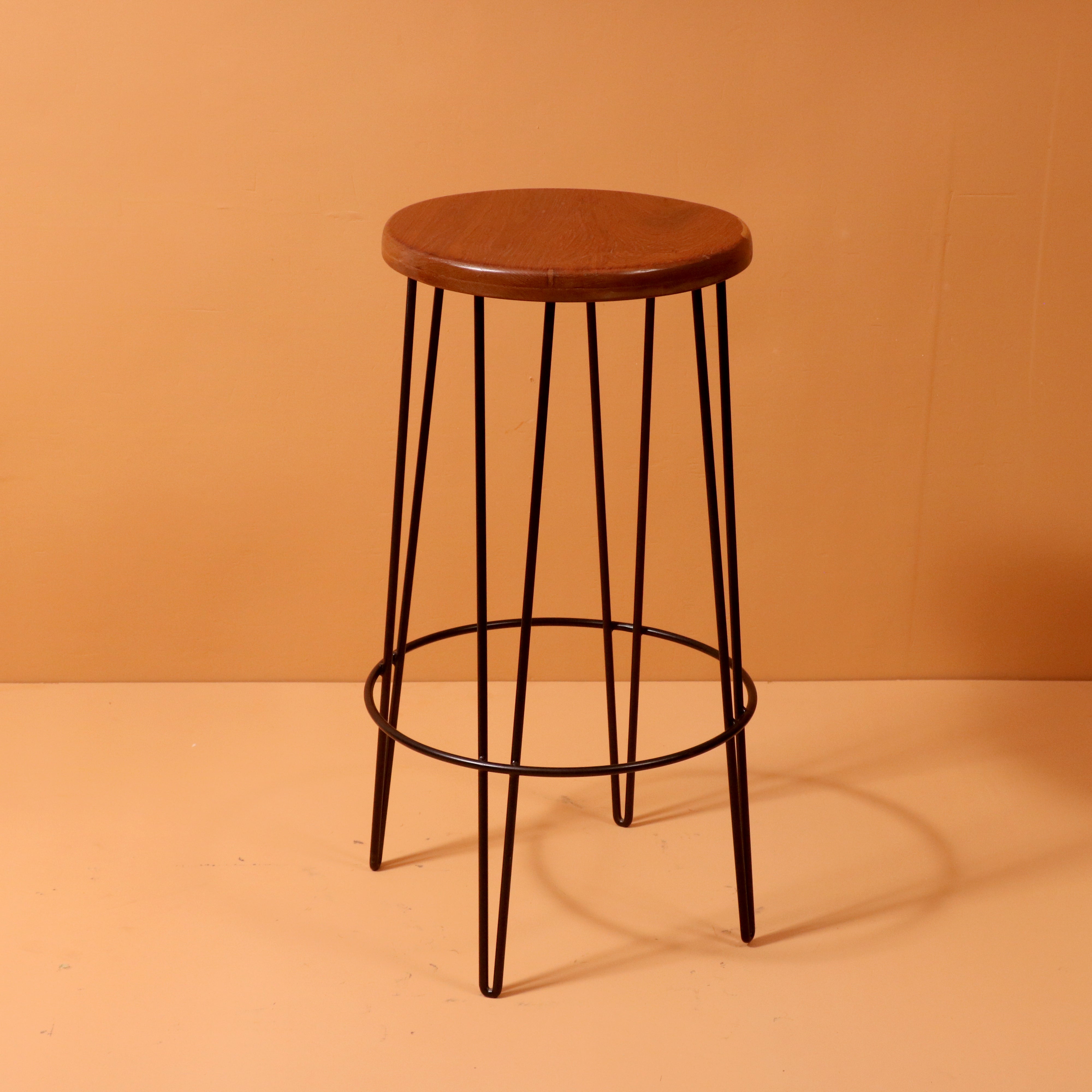 Contemporary Teak and Iron Stool Stool
