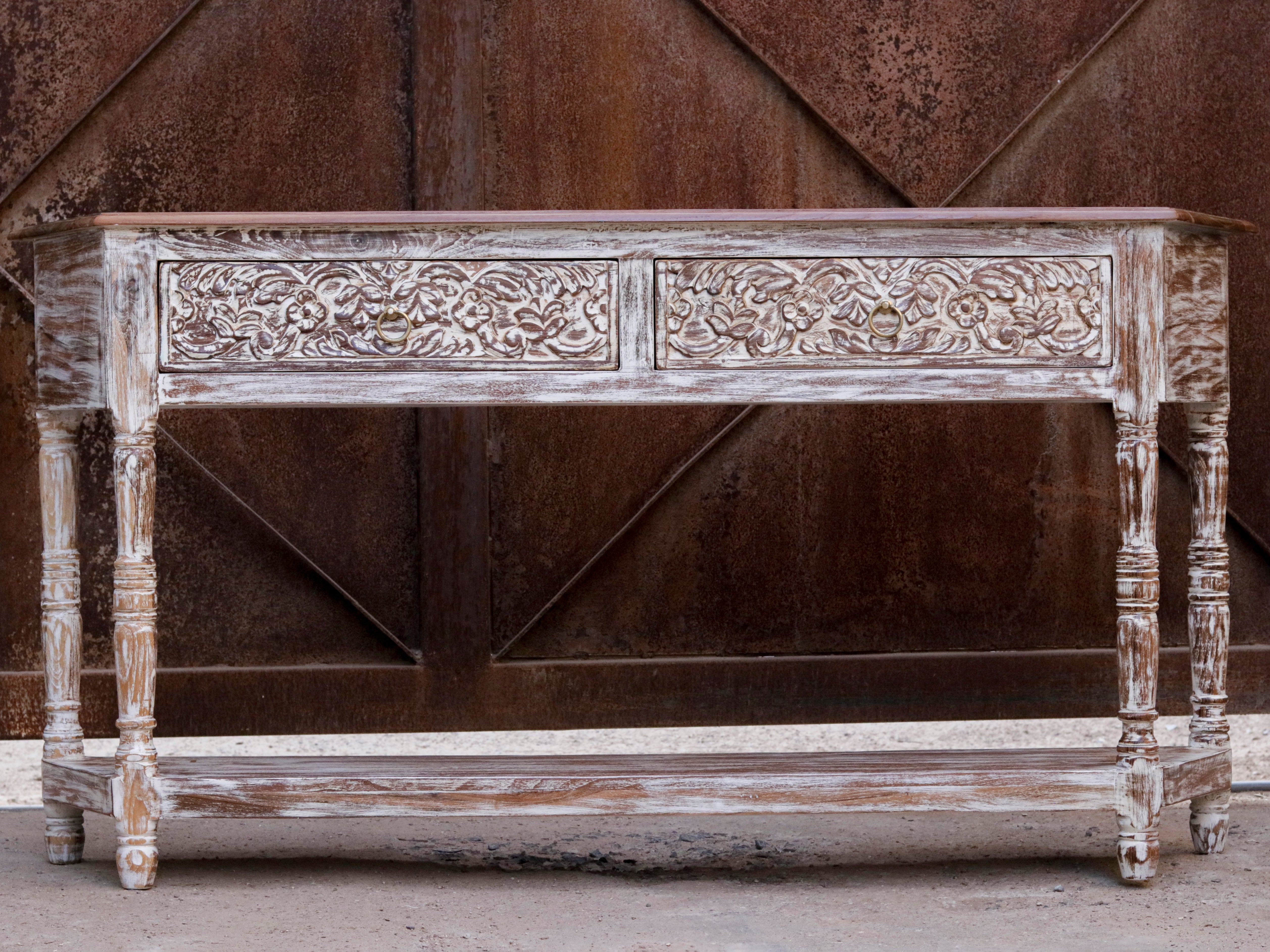 Aesthetic Vintage White Distressed Finished Wooden Console Table Console Table