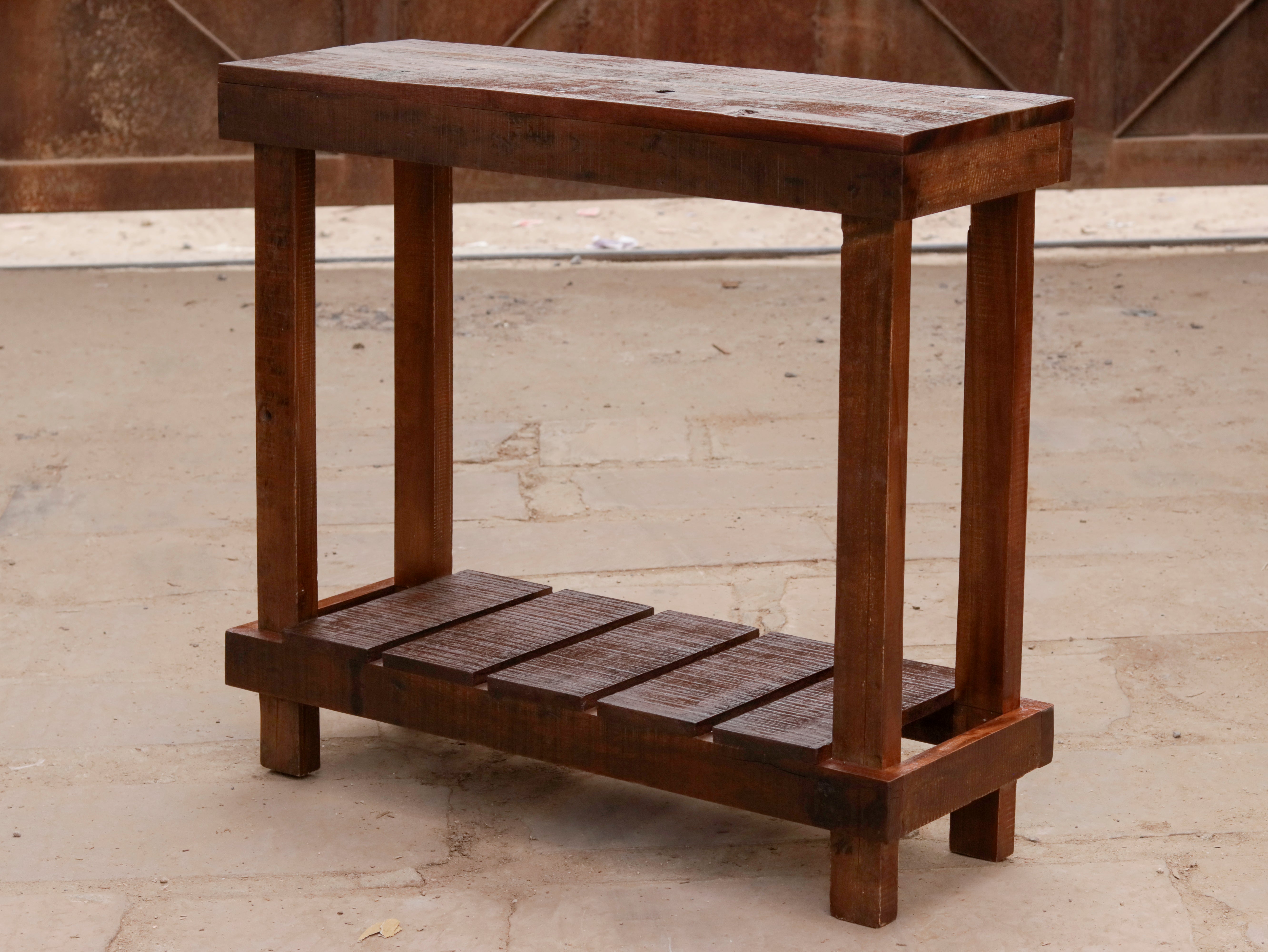 Classic Natural Brown Italian Style Handmade Wooden Side Table with Bottom Storage Console Table