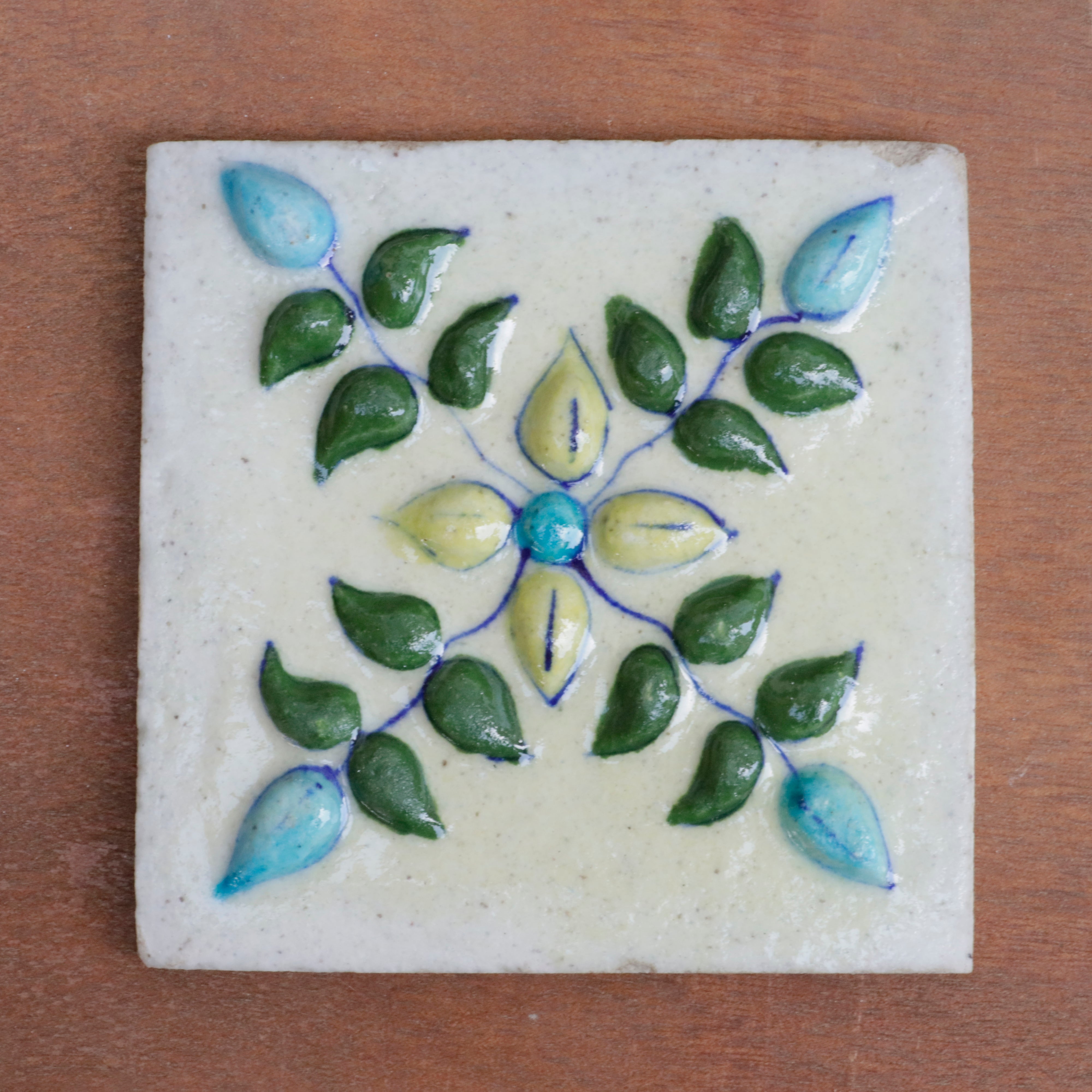 Glamour Rich Embossed Flower Designed Ceramic Square Tile Set of 2 Ceramic Tile