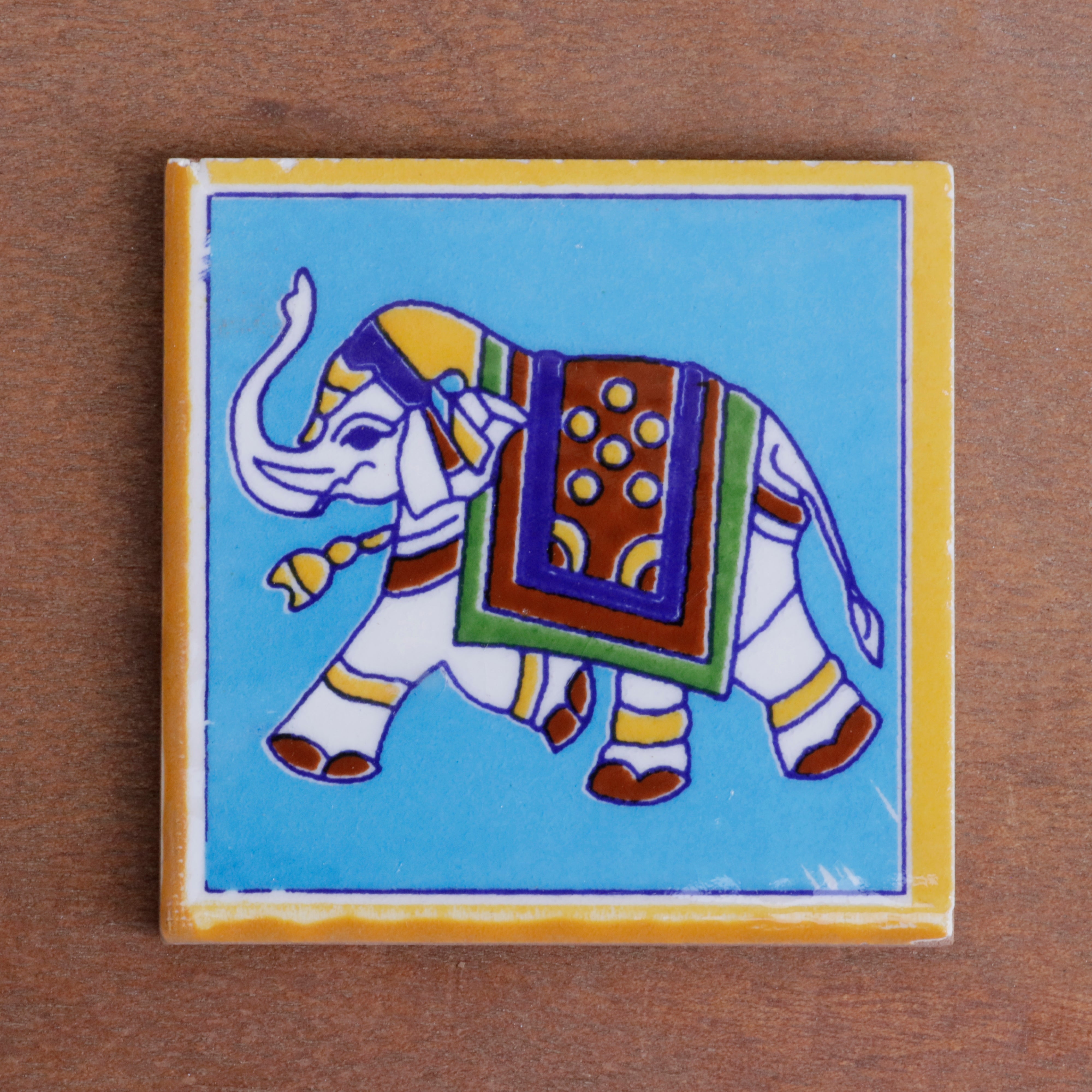 Traditional Style Elephant Designed Ceramic Square Tile Set of 2 Ceramic Tile