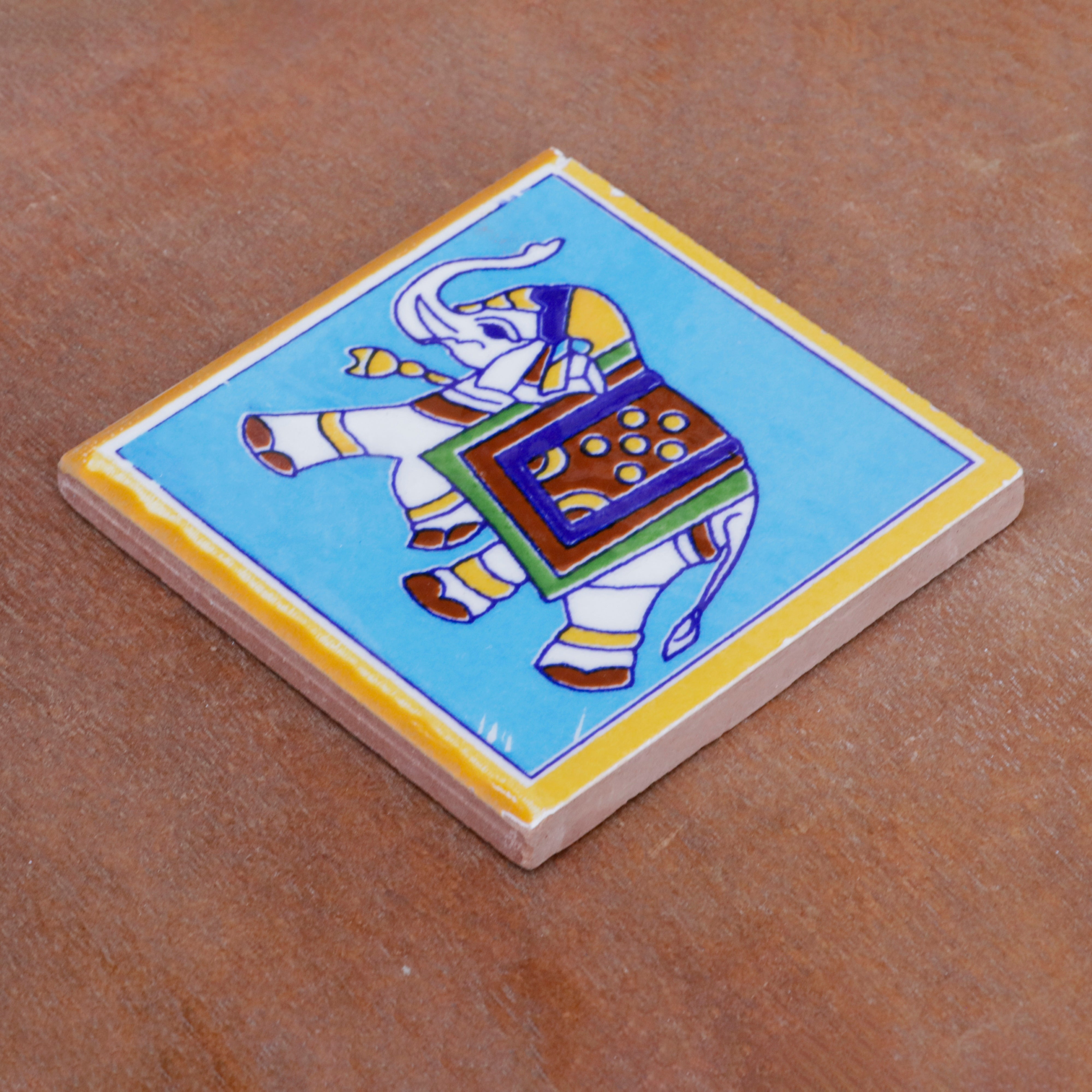 Traditional Style Elephant Designed Ceramic Square Tile Set of 2 Ceramic Tile