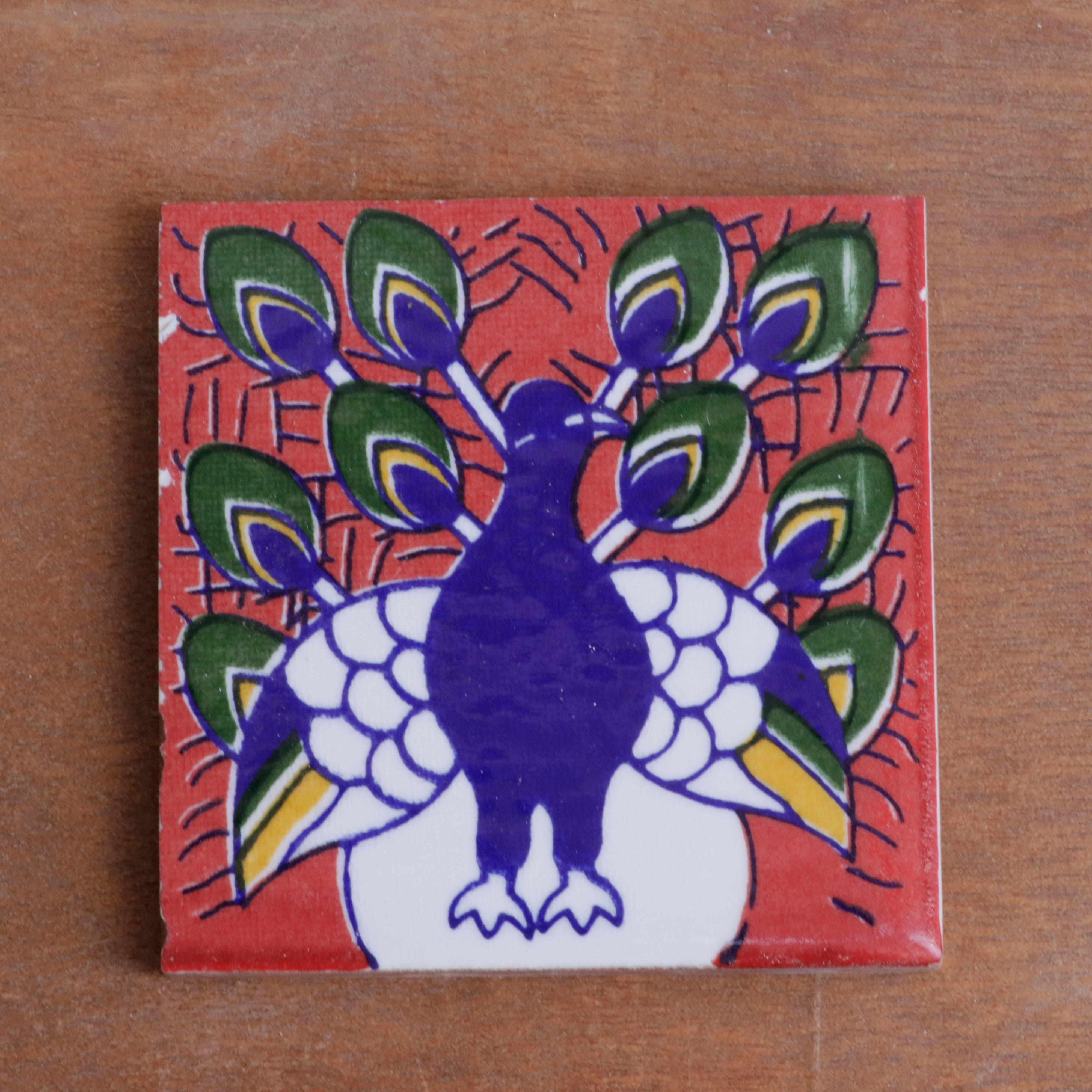 Southern Bold Blue Peacock Designed Ceramic Square Tile Set of 2 Ceramic Tile