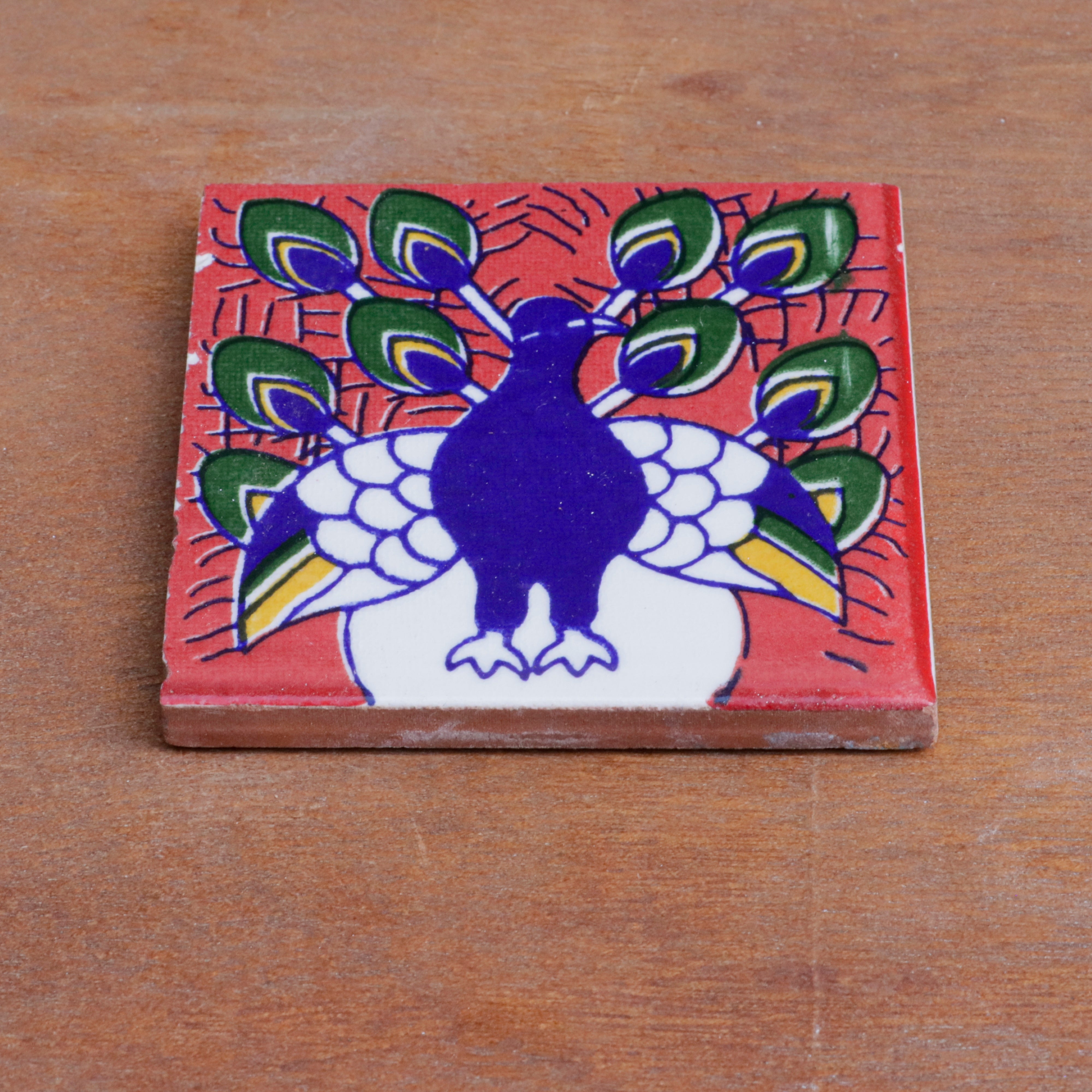 Southern Bold Blue Peacock Designed Ceramic Square Tile Set of 2 Ceramic Tile