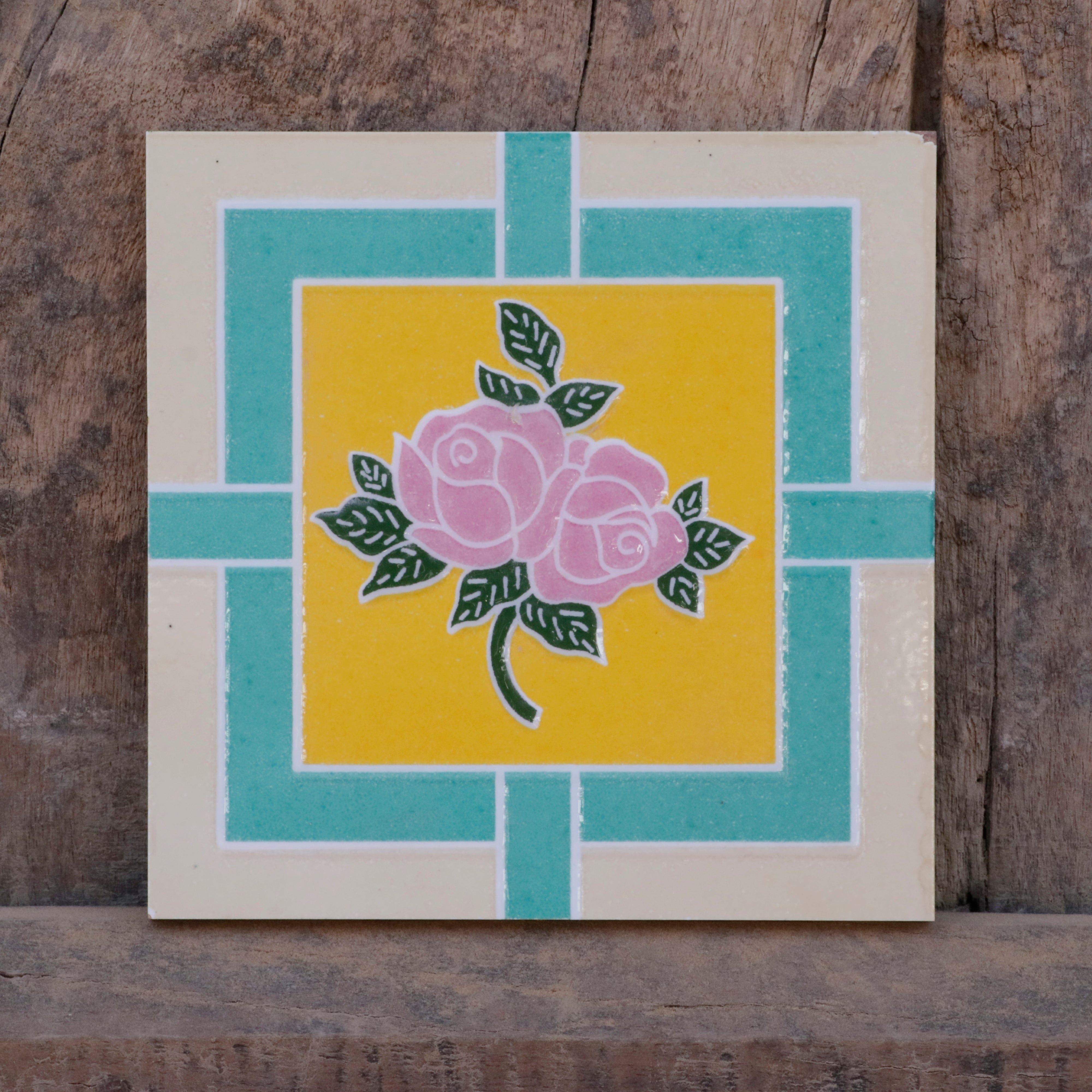 Pink Rose And Antique Green Border Ceramic Tile Ceramic Tile