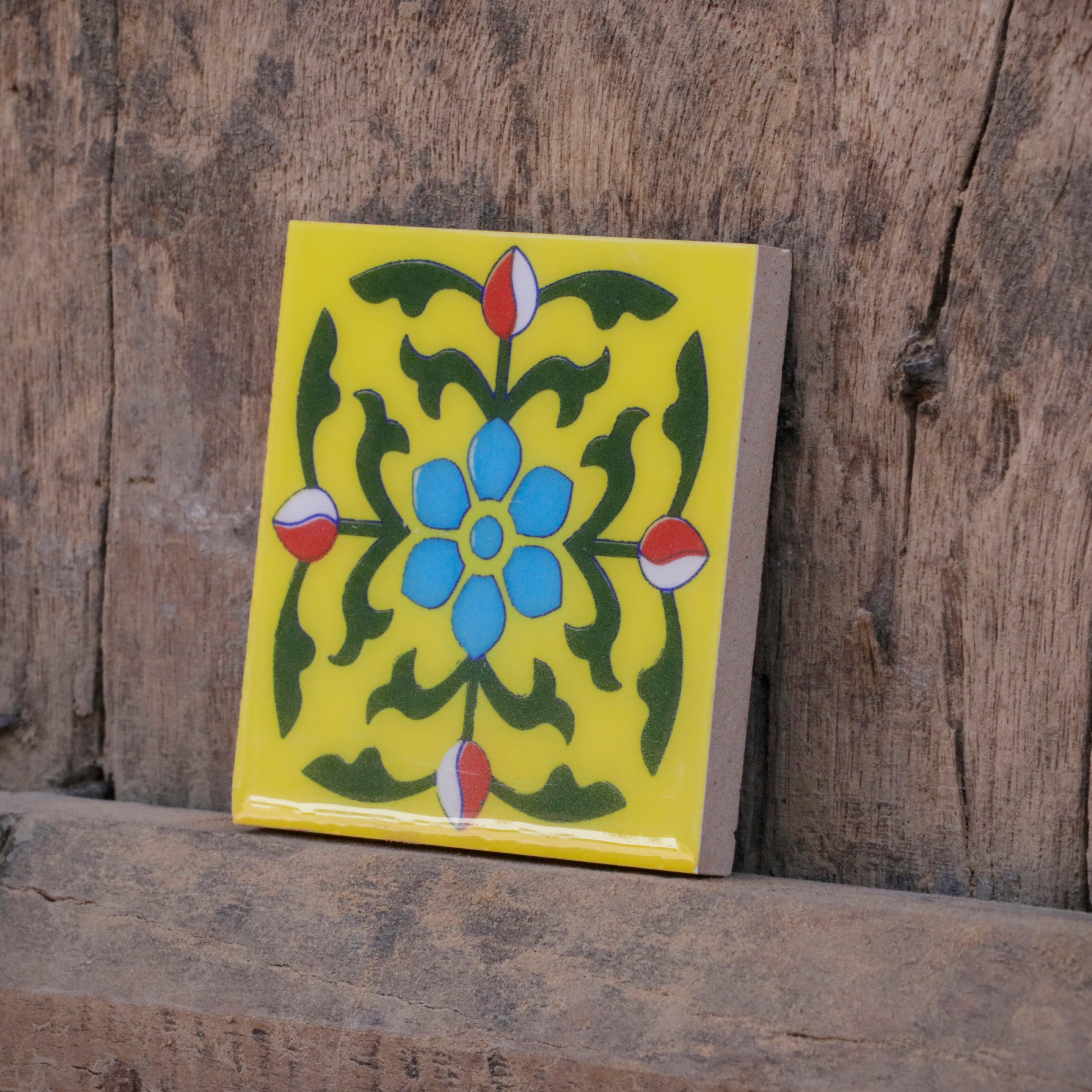 Arotic Yellowish Flowered Themed Ceramic Square Tile Ceramic Tile