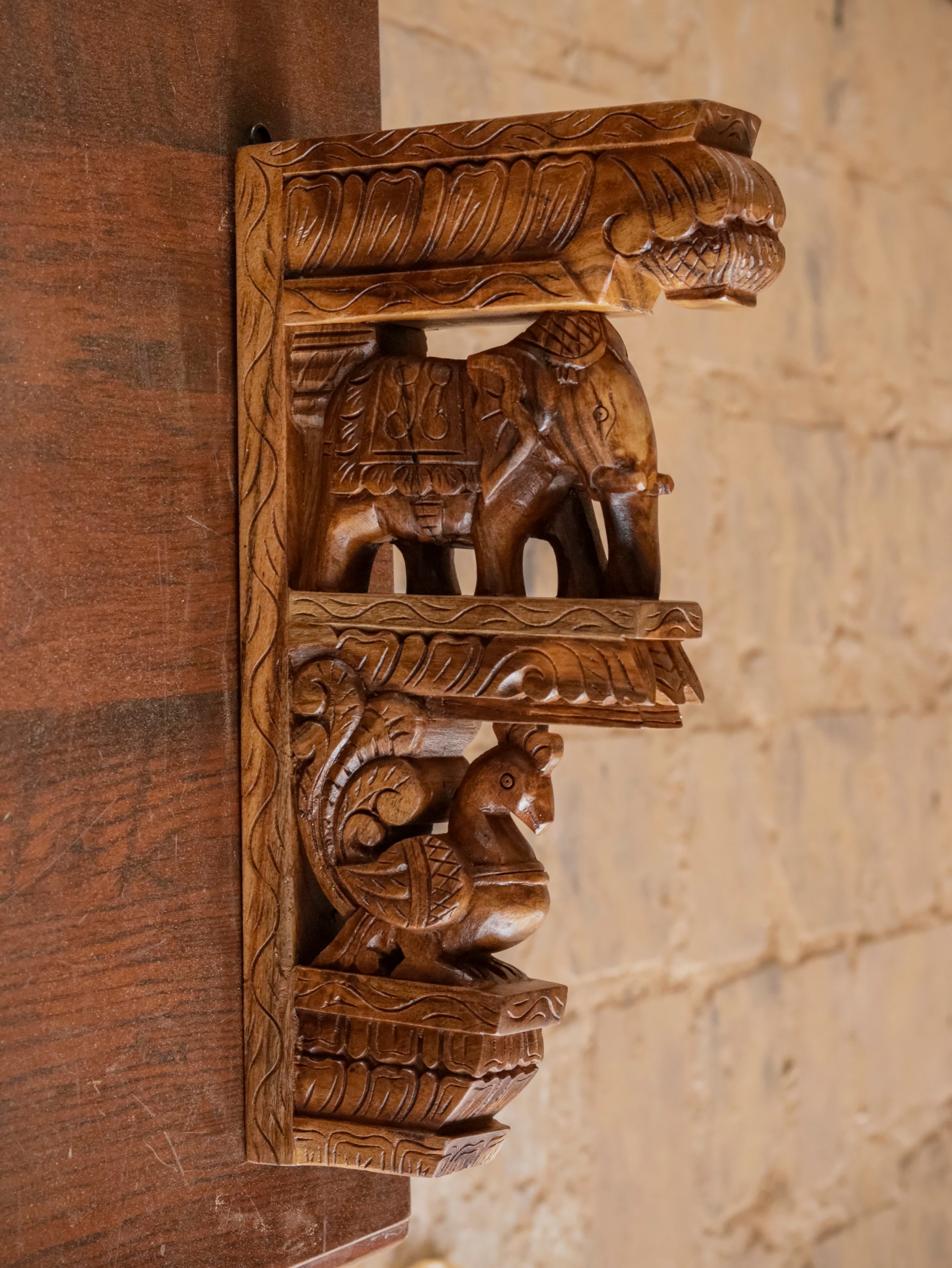 Elephant peacock figurine teak wood corbel door bracket Door Bracket