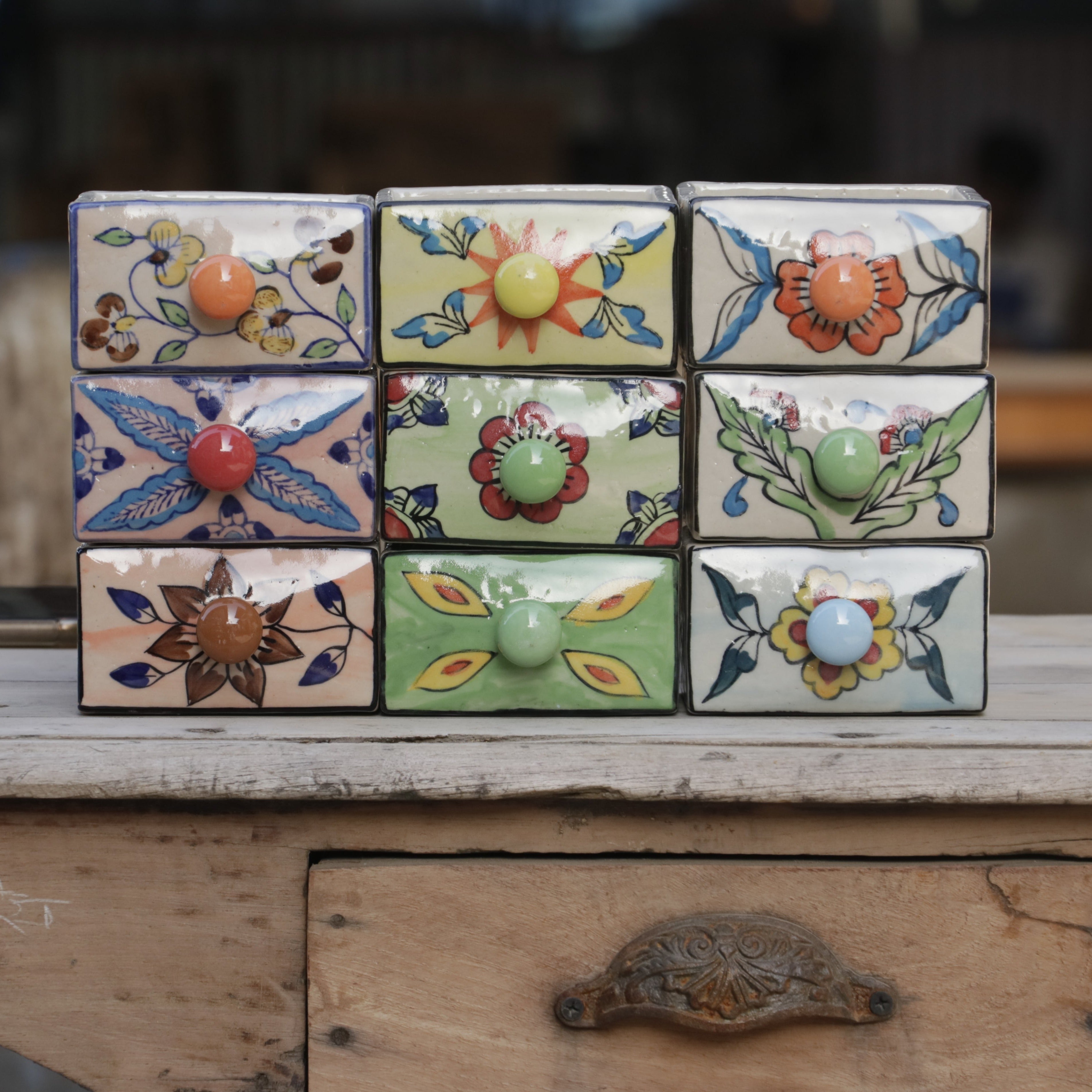 Aesthetic Rich Flowered Designed Multispace Ceramic Drawer Set of 9 Ceramic Drawers