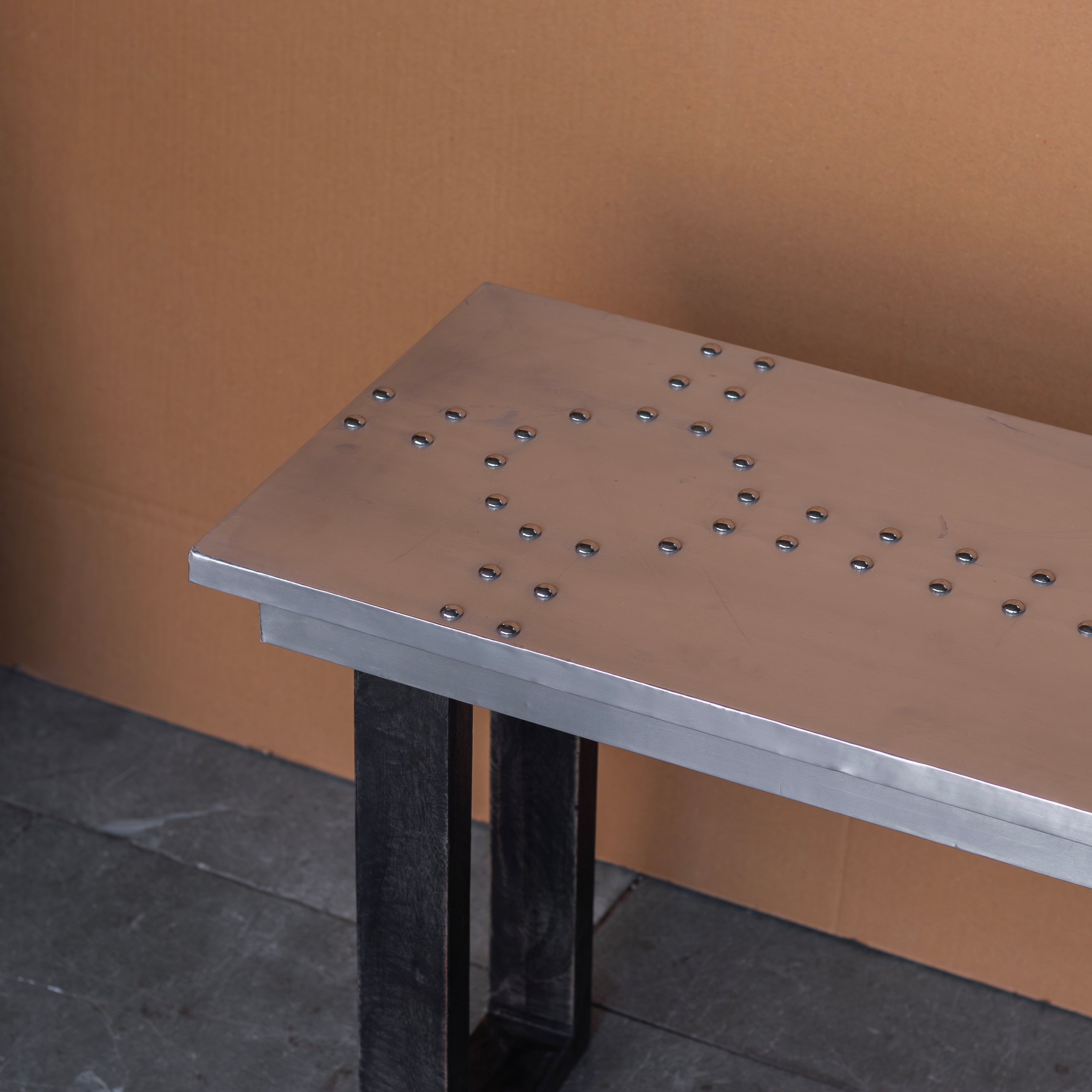Industrial Metal Top Console Table with Solid Wood Legs Console Table
