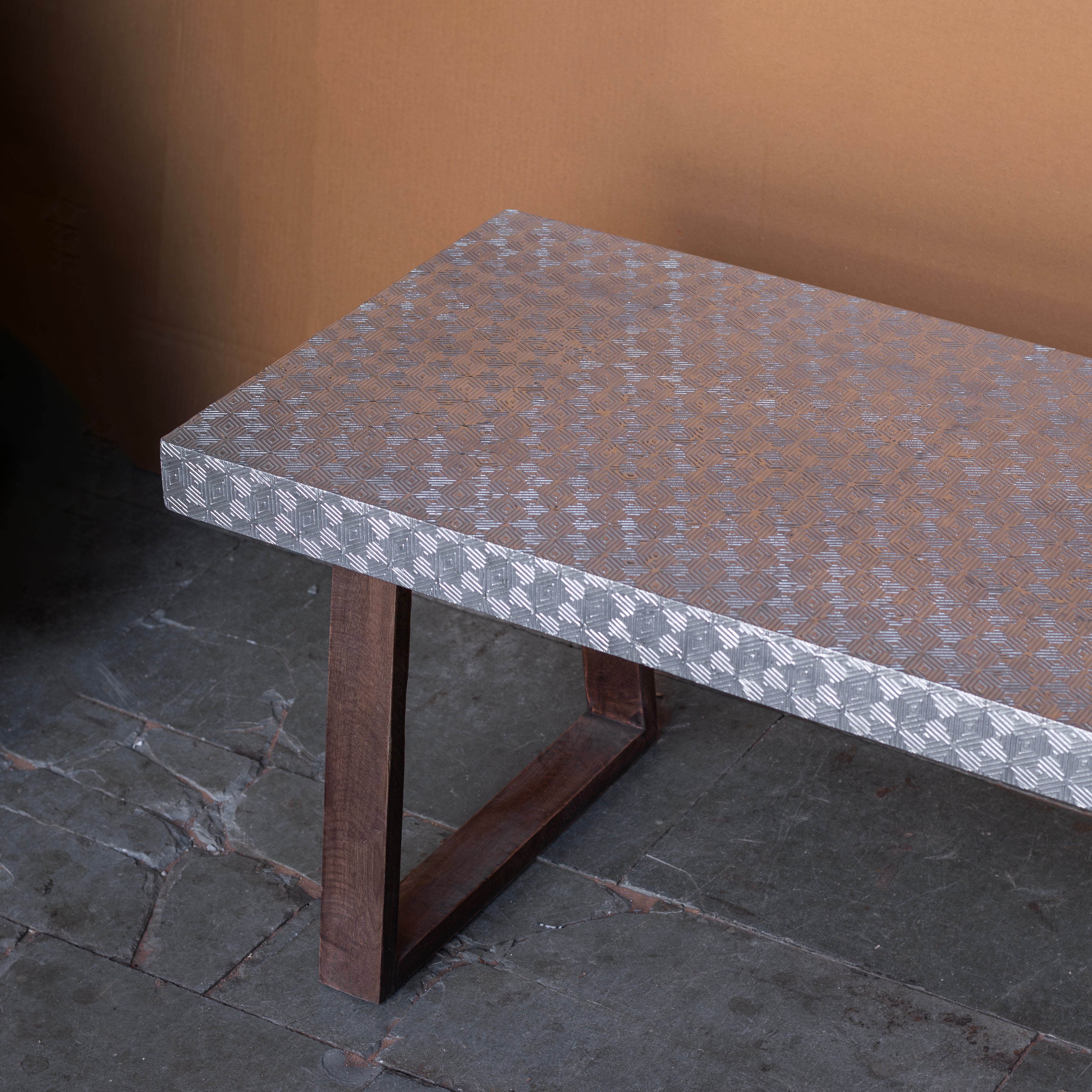 Handcrafted Metal Inlay Dining Table - Geometric Pattern with Trestle Base Dining Table
