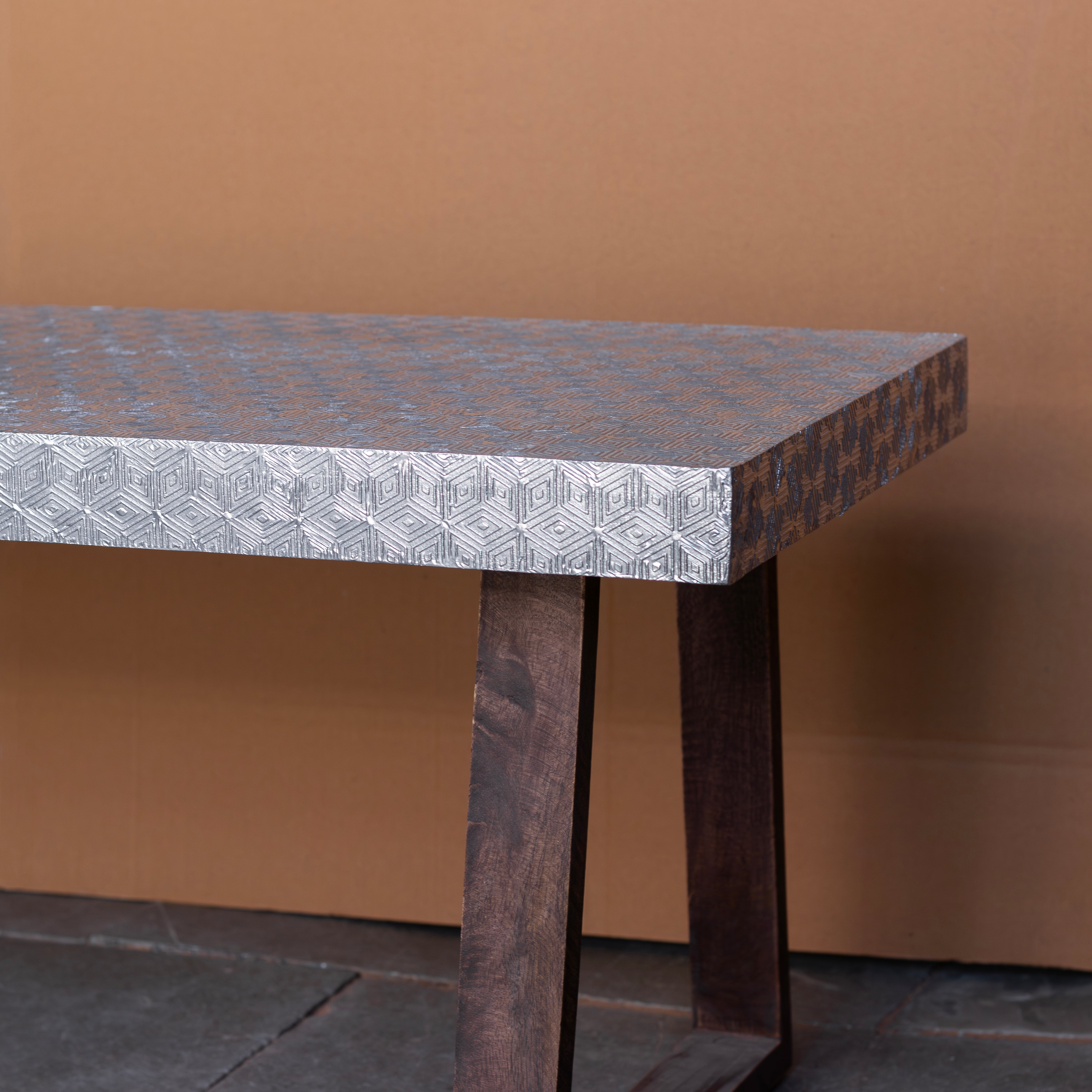 Handcrafted Metal Inlay Dining Table - Geometric Pattern with Trestle Base Dining Table