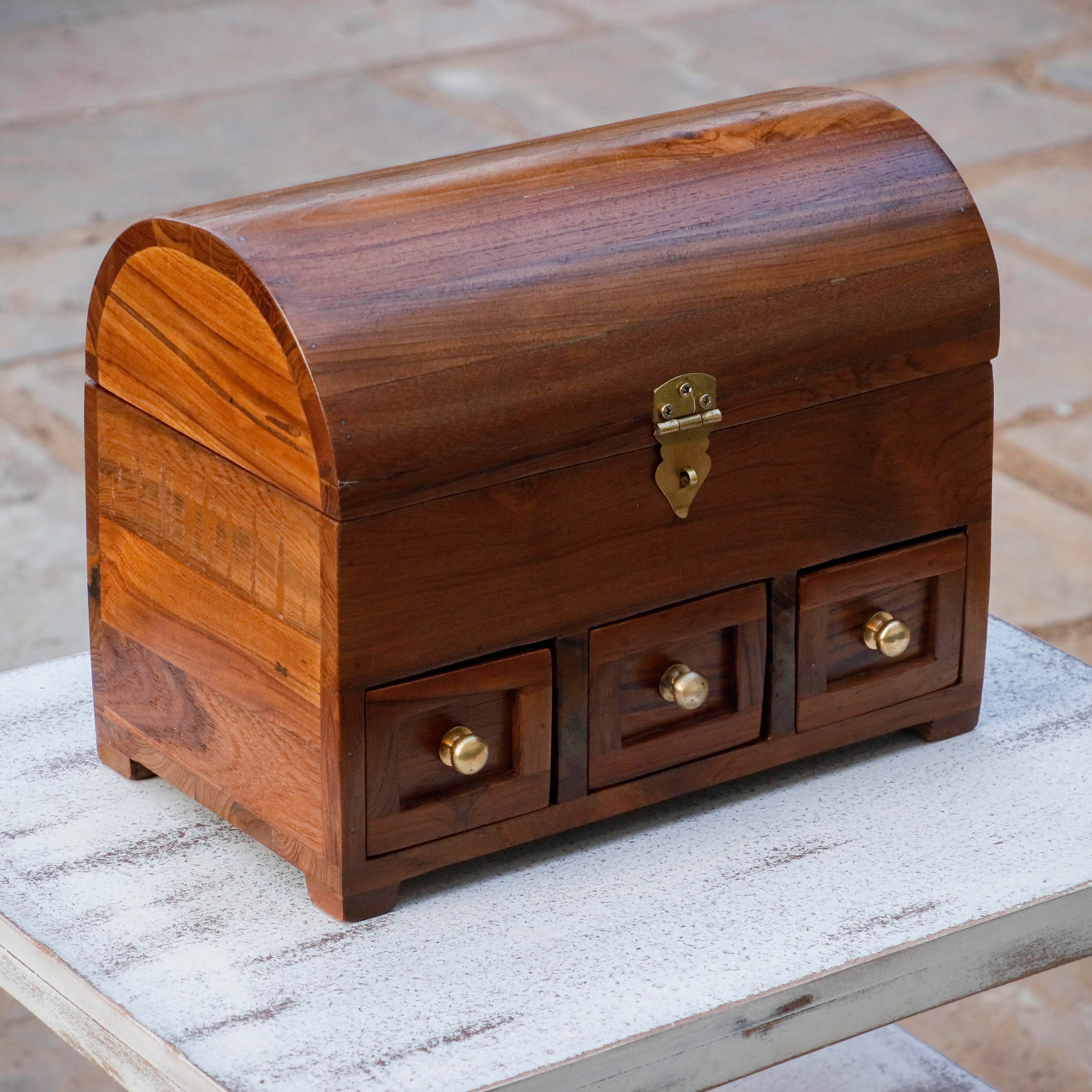 Antique Style Teak Wooden 3 Drawer Premium Handmade Jewelry Box Wooden Box