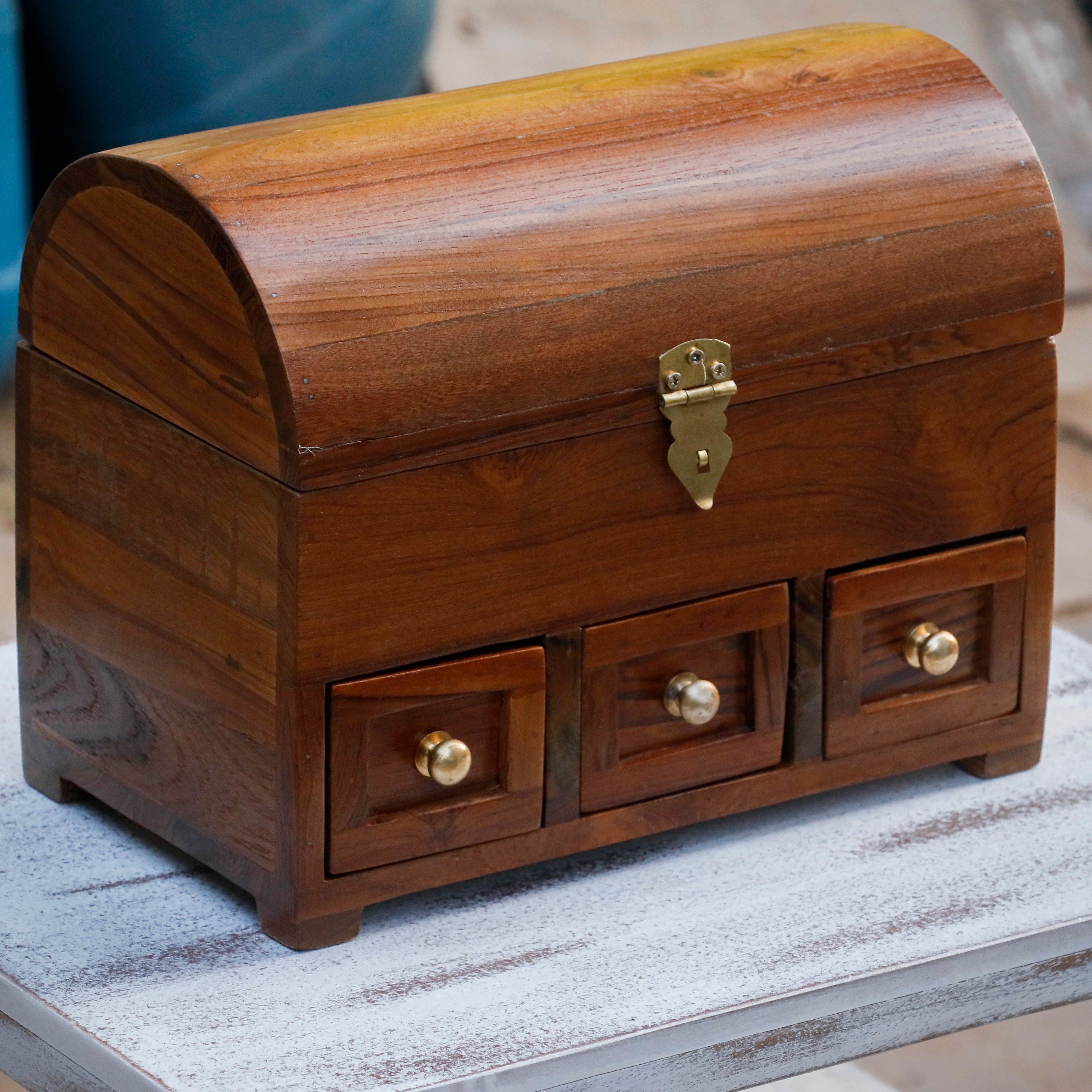 Antique Style Teak Wooden 3 Drawer Premium Handmade Jewelry Box Wooden Box