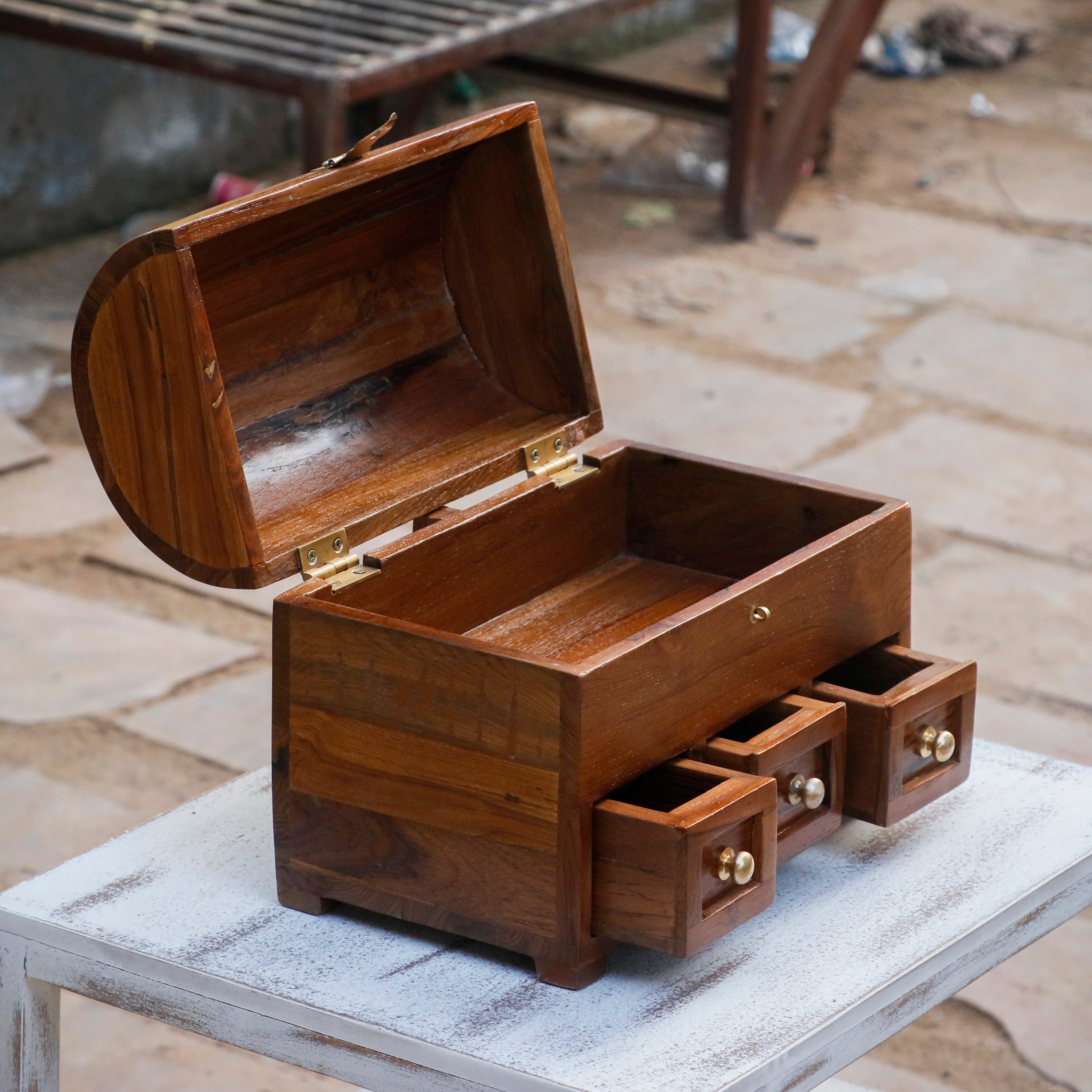Antique Style Teak Wooden 3 Drawer Premium Handmade Jewelry Box Wooden Box