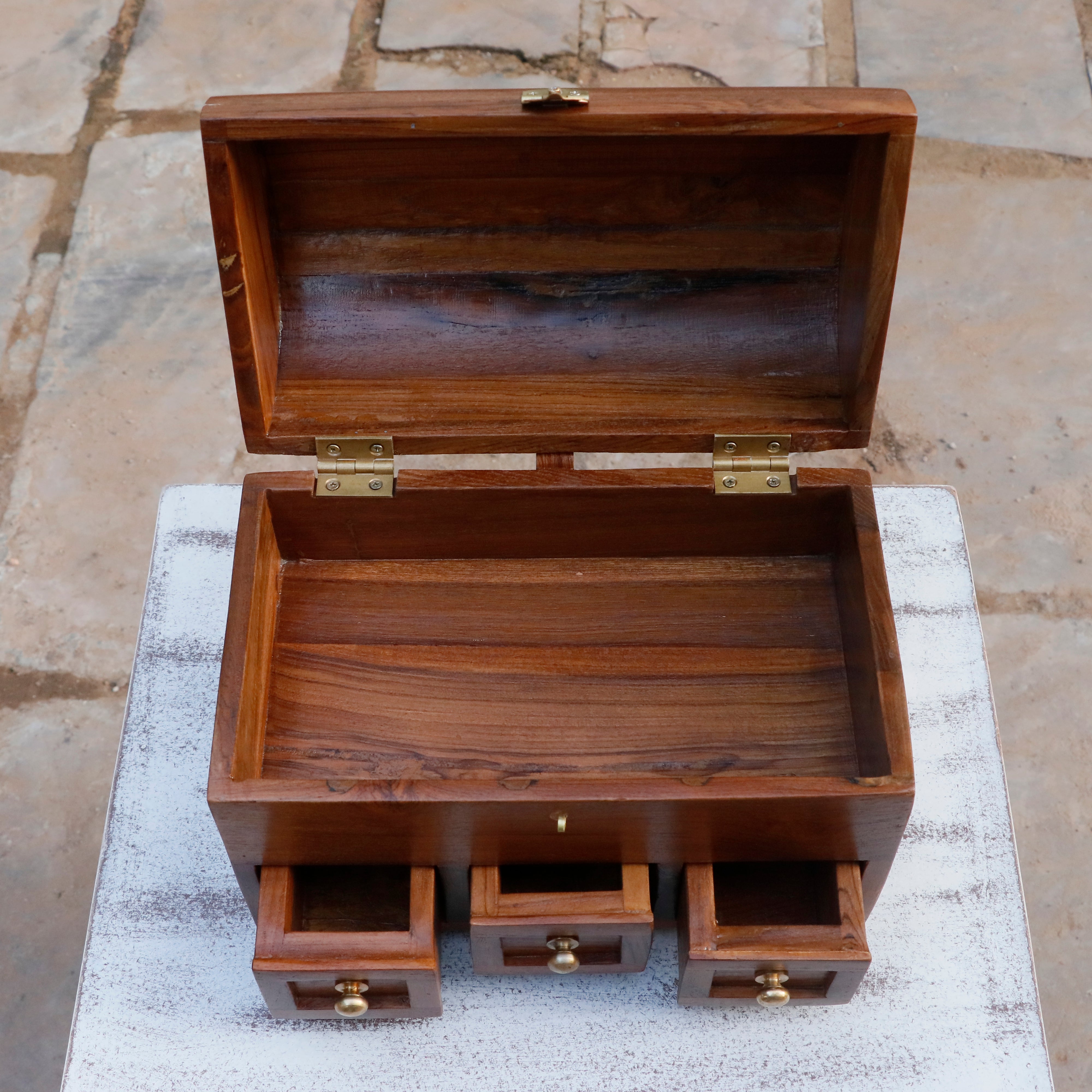 Antique Style Teak Wooden 3 Drawer Premium Handmade Jewelry Box Wooden Box