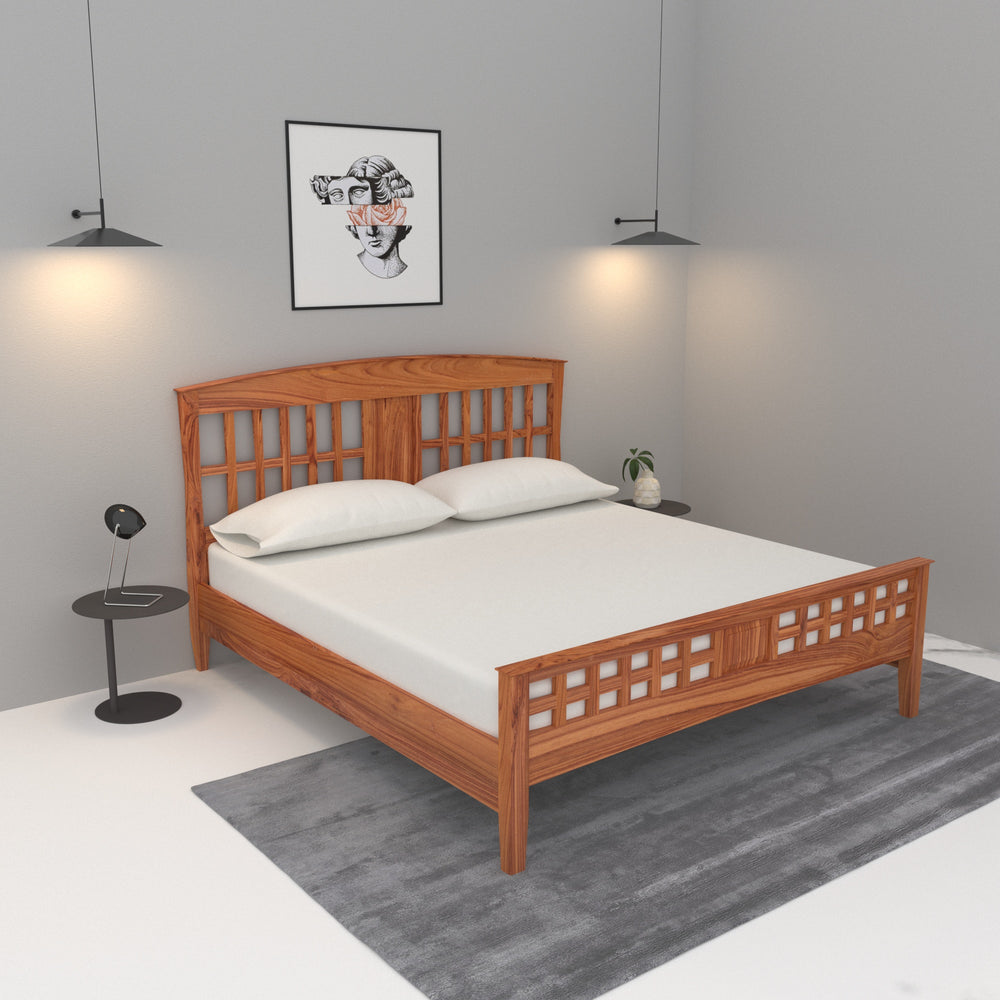 Rectangular Design Bed in Natural Light Brown Finish (Teak wood)